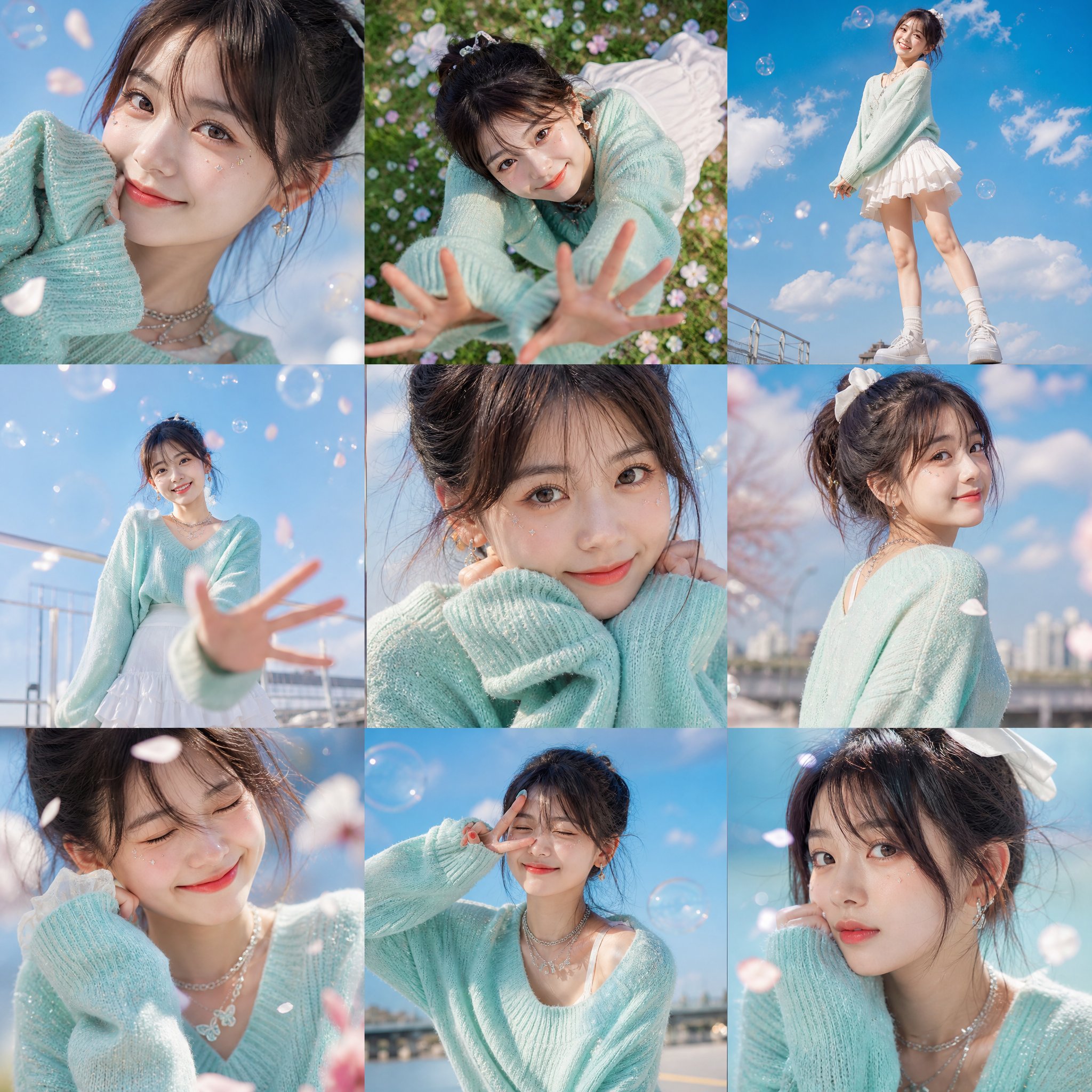 夏日阳光韩风九宫格人像 / Vibrant Summer 3x3 Grid Photo Collage，角色设计，35mm、人像、电影感，案例输出图 1