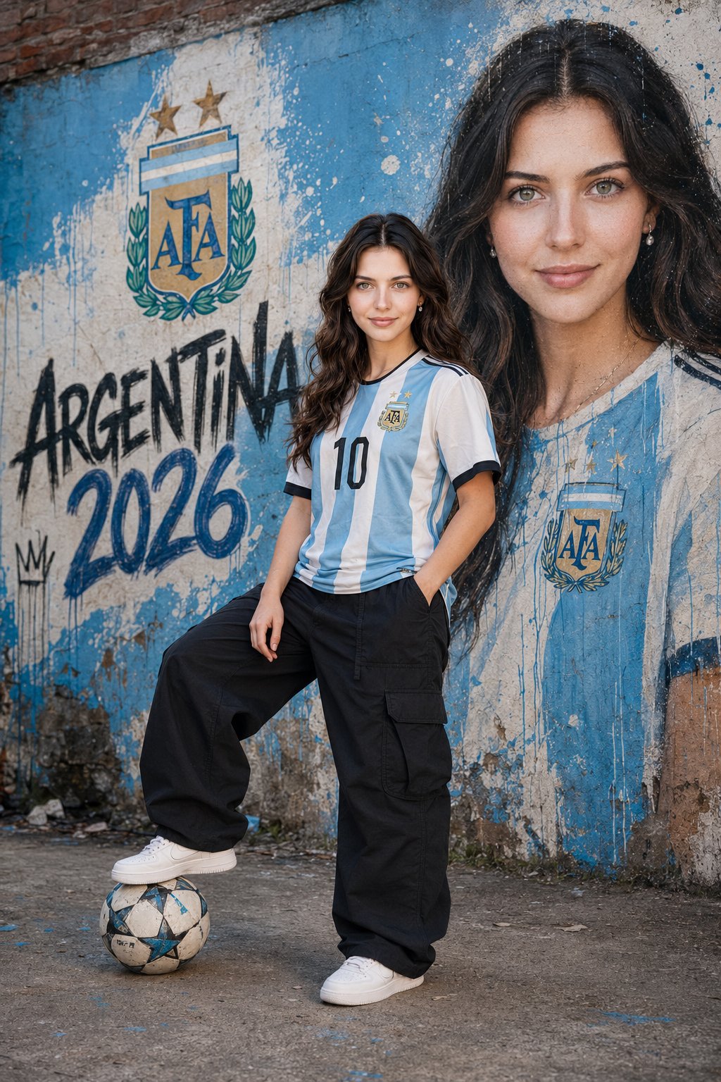 阿根廷10号球衣女孩街头壁画海报 / Argentina 10 Jersey Woman Urban Mural 2026,人像与摄影,人像、电影感、时尚,案例输出图 1