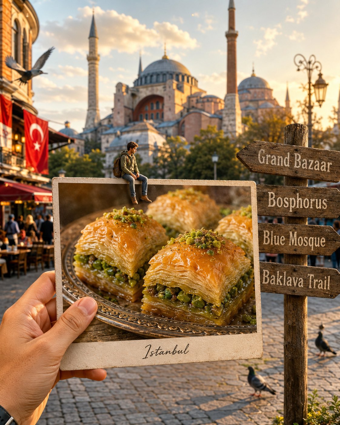 超写实旅游美食明信片合成摄影 / Hyper Realistic Travel Food Postcard Scene,人像与摄影,人像、电影感、时尚,案例输出图 1