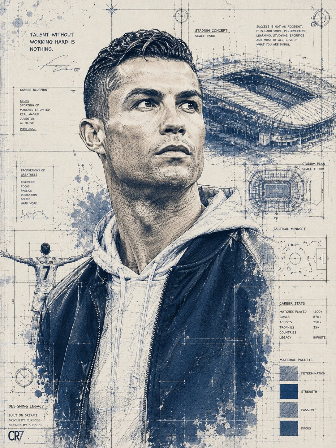 传奇足球偶像建筑蓝图海军蓝草图肖像 / Legendary Football Icon Architectural Blueprint Portrait，人像与摄影，人像、电影感、时尚，案例输出图 2