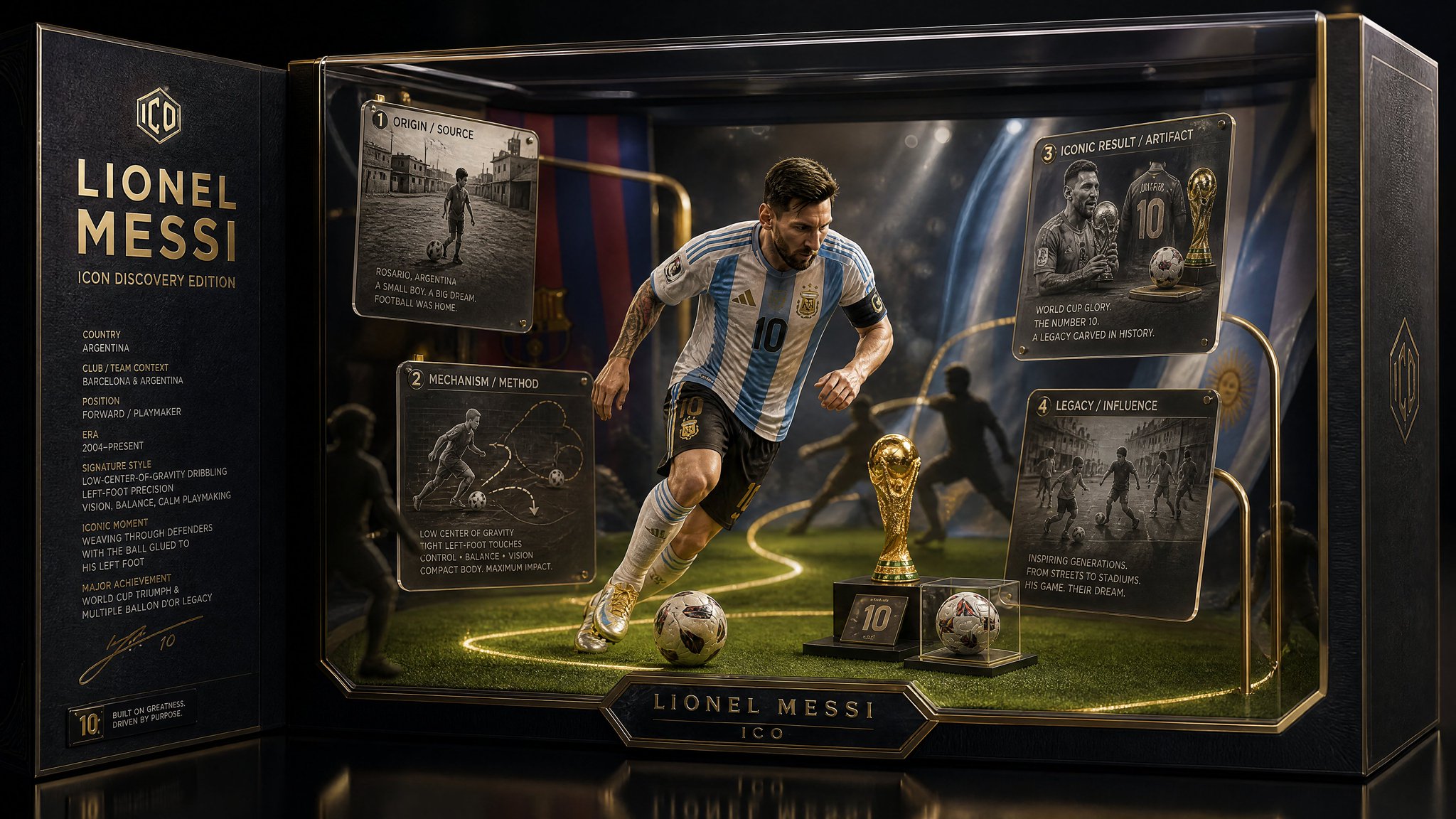 足球传奇图标探索版豪华收藏品展示盒摄影 / Football Legend Icon Discovery Edition Luxury Diorama,角色设计,35mm、电影感、时尚,案例输出图 1