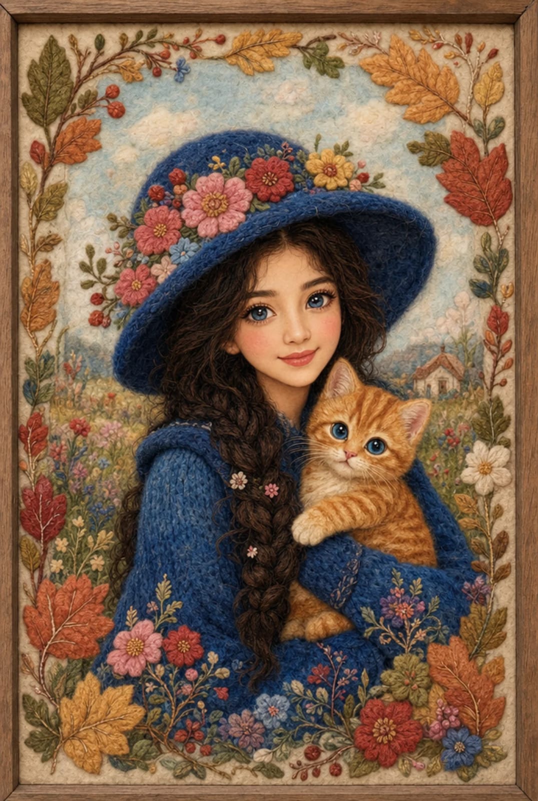 羊毛毡刺绣风格亚洲女性与小猫插画 / Whimsical Felt Embroidery Asian Woman Kitten Illustration，海报与插画，海报、插画、海报与插画，案例输出图 1