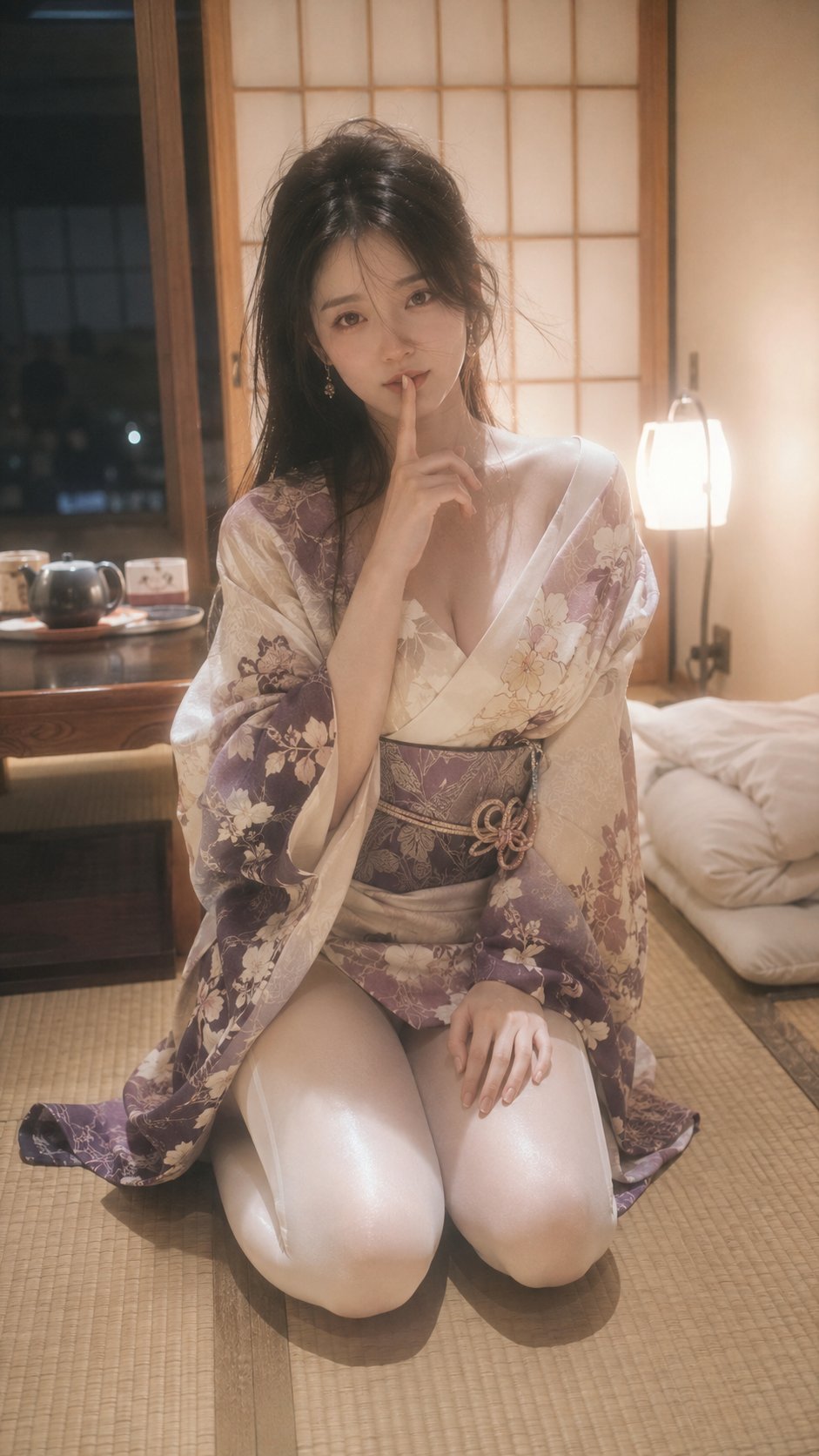 和服少女榻榻米深夜写真肖像 / Japanese Kimono Boudoir Fashion Portrait，人像与摄影，35mm、人像、电影感，案例输出图 1