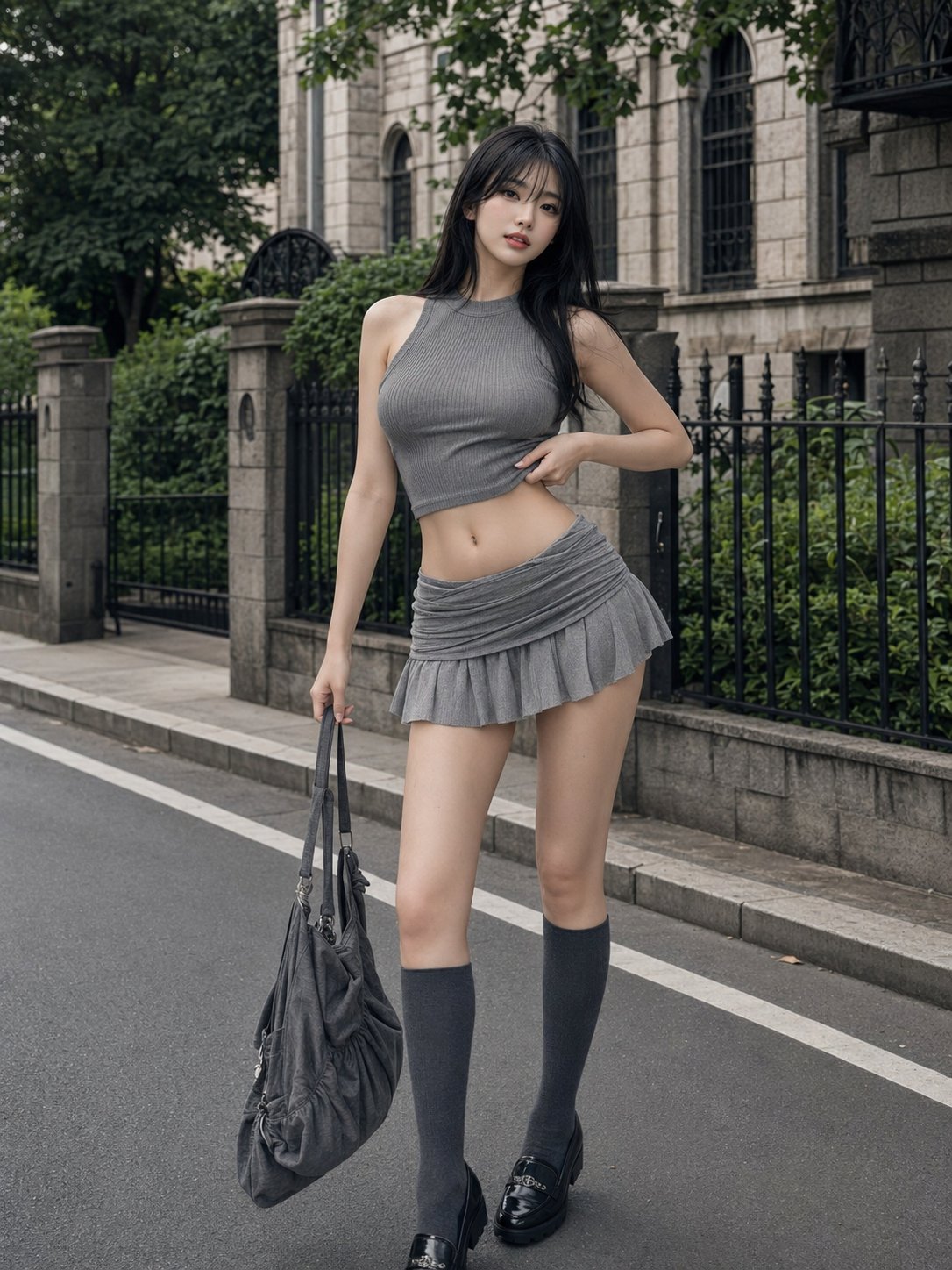 优雅韩系街拍灰色露脐装 / Elegant Korean Urban Street Fashion Grey Crop Top，人像与摄影，人像、时尚、插画，案例输出图 1