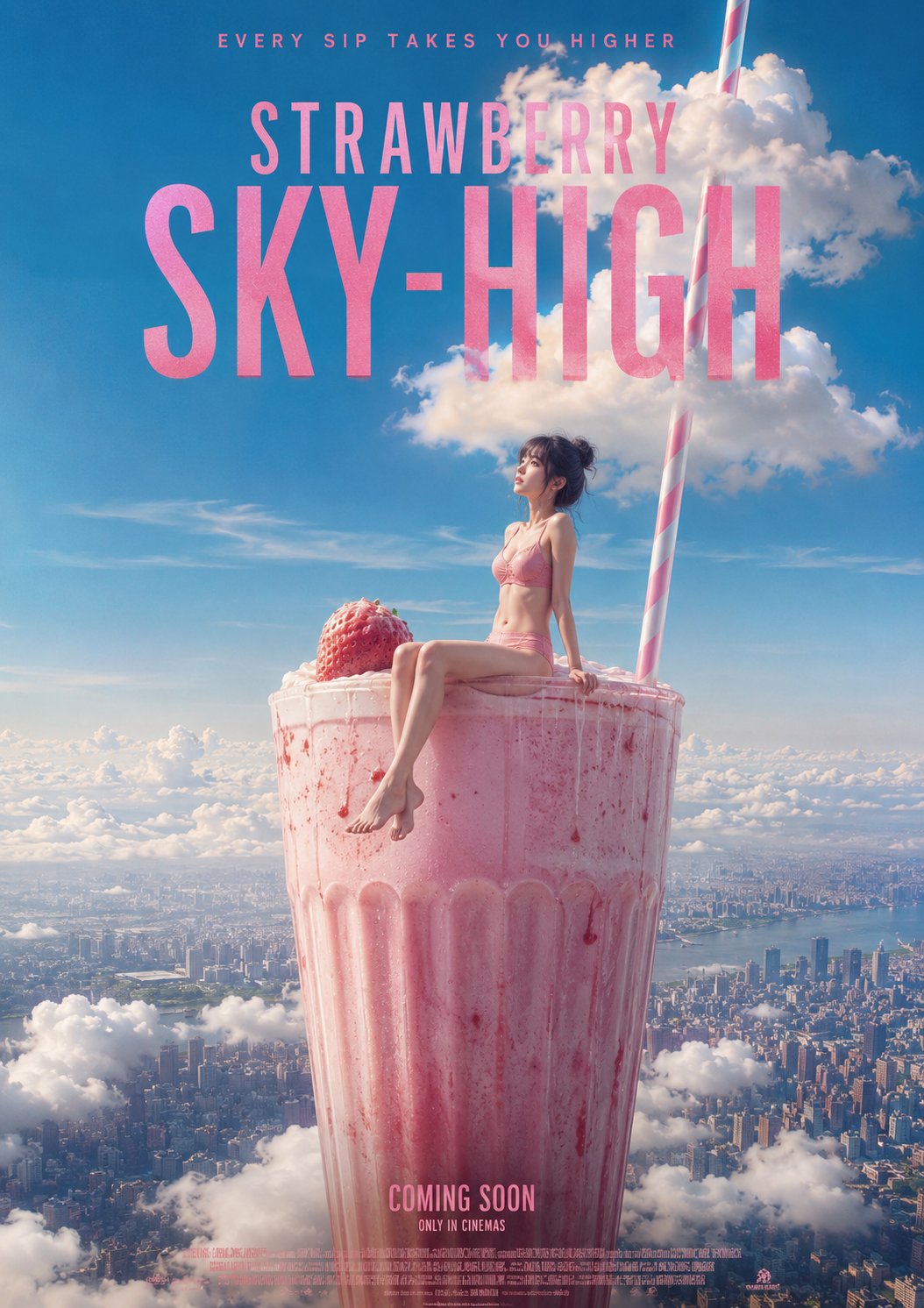 草莓奶昔边缘的粉色泳装少女 / Giant Strawberry Milkshake Girl Poster，海报与插画，海报、插画、海报与插画，案例输出图 2