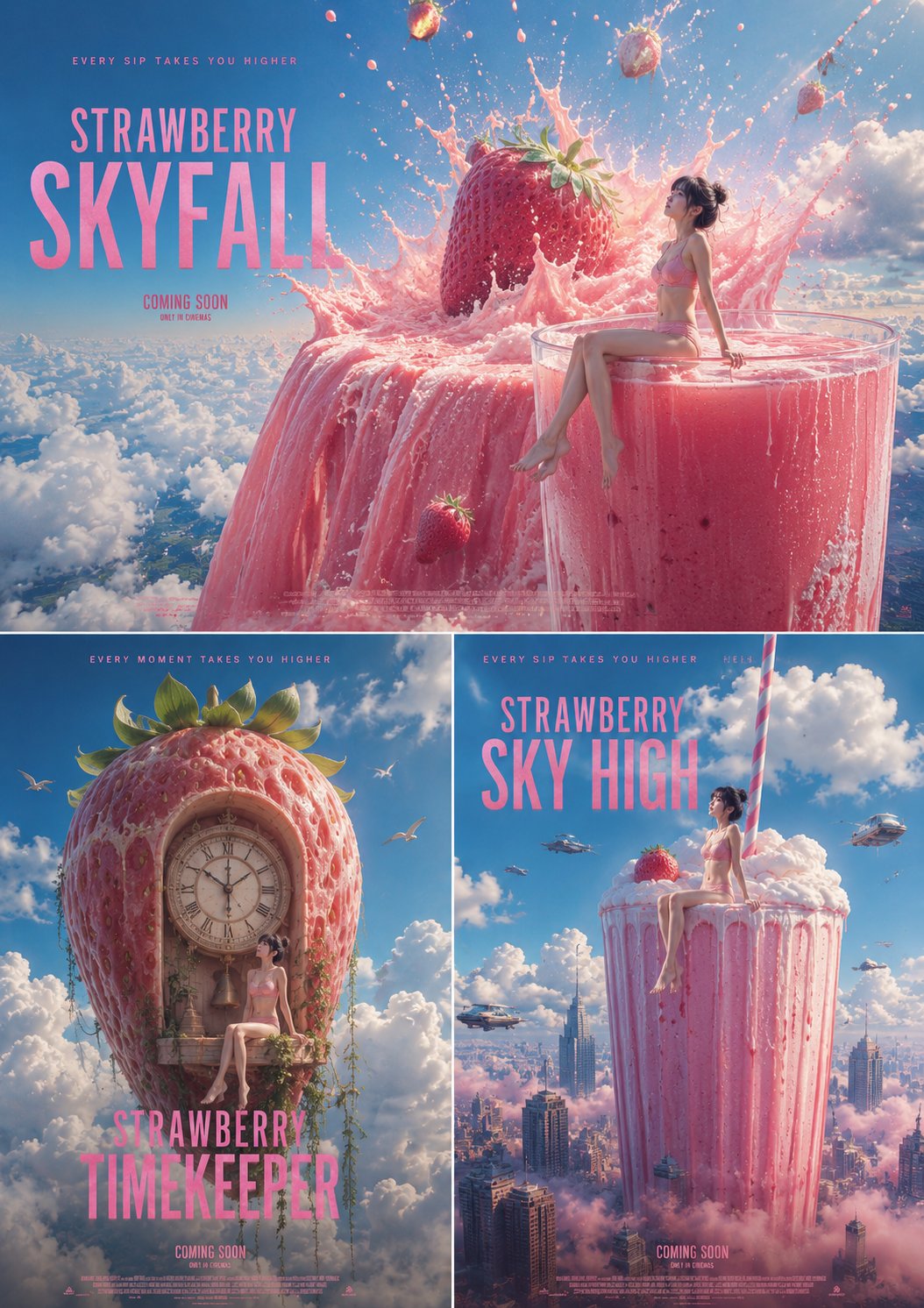 草莓奶昔边缘的粉色泳装少女 / Giant Strawberry Milkshake Girl Poster,海报与插画,海报、插画、海报与插画,案例输出图 1