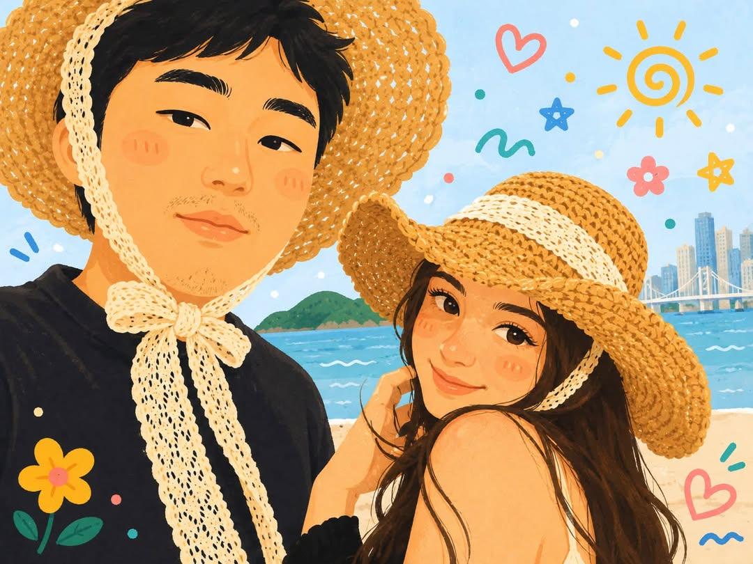 可爱韩系手绘漫绘风格幸福情侣自拍 / Cute Korean Webtoon Couple Outdoor Selfie，人像与摄影，人像、插画、人像与摄影，案例输出图 2