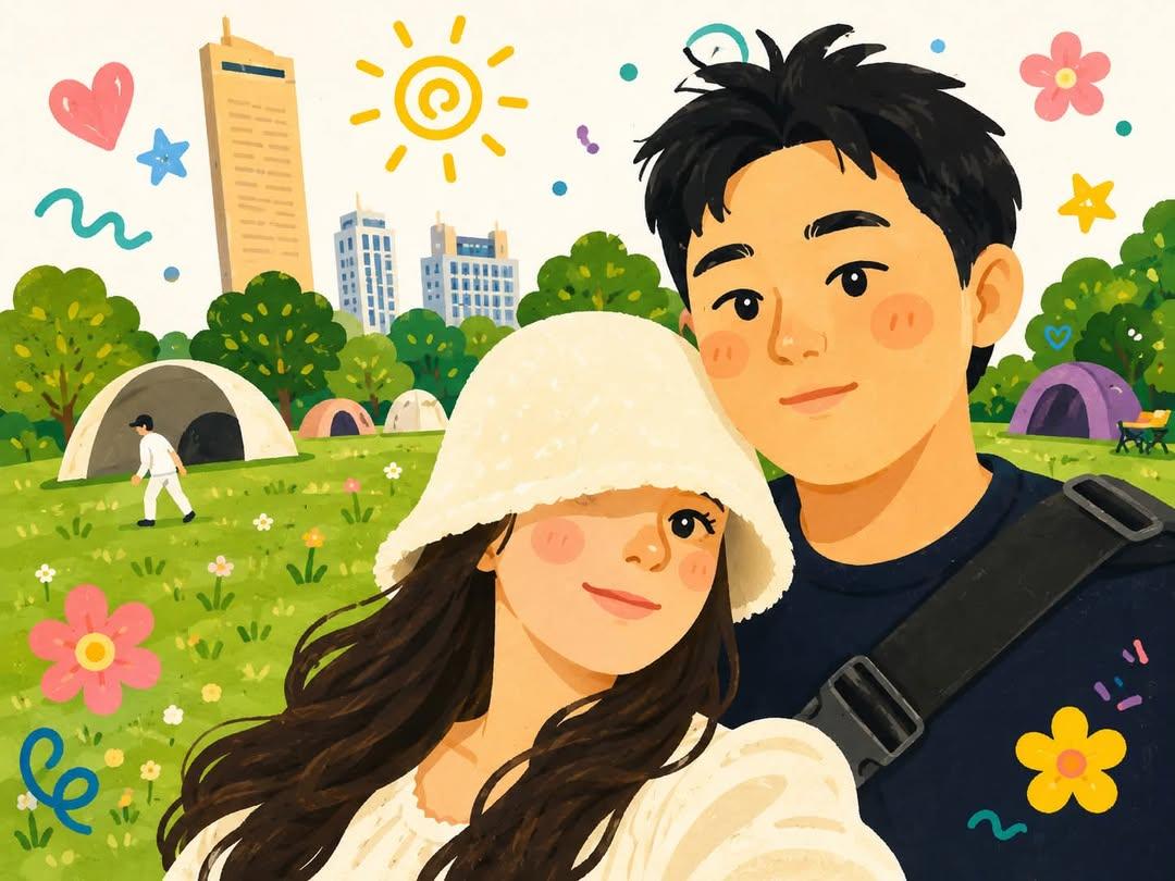 可爱韩系手绘漫绘风格幸福情侣自拍 / Cute Korean Webtoon Couple Outdoor Selfie,人像与摄影,人像、插画、人像与摄影,案例输出图 1