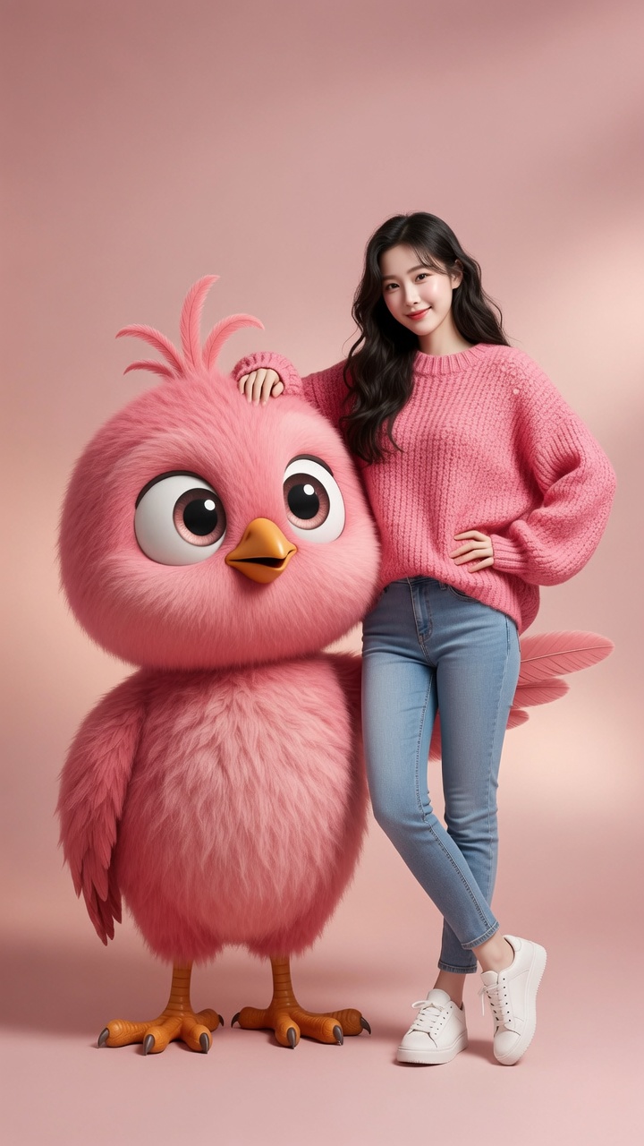 韩国时尚女性与巨型蓝色萌鸟 / Korean Woman Giant Blue Bird Studio Portrait，角色设计，人像、电影感、时尚，案例输出图 2