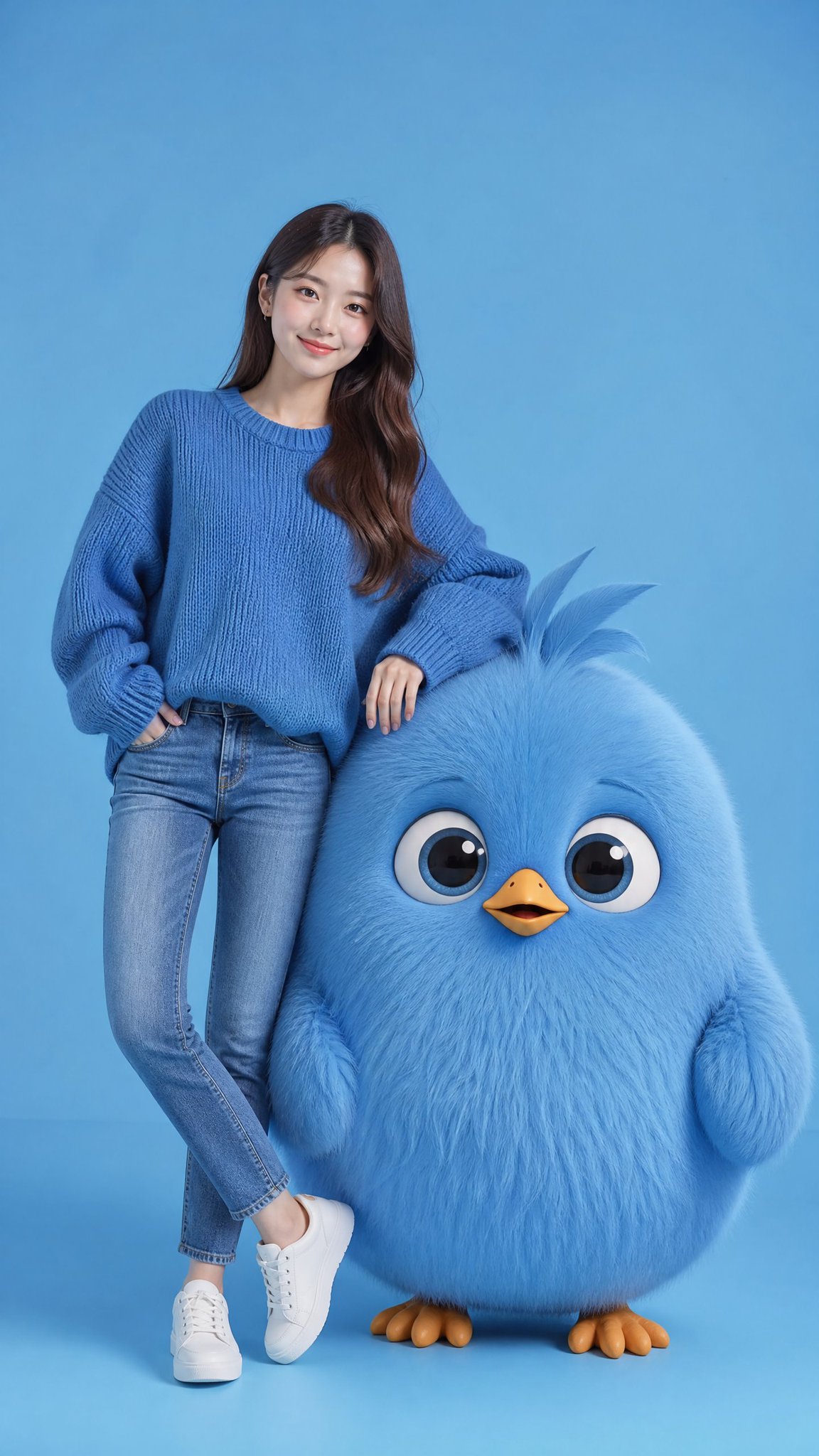 韩国时尚女性与巨型蓝色萌鸟 / Korean Woman Giant Blue Bird Studio Portrait,角色设计,人像、电影感、时尚,案例输出图 1