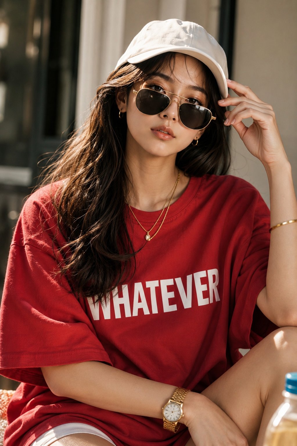 红色字母T恤高端时尚杂志风人像 / Luxury Fashion Red Tshirt Editorial Portrait,人像与摄影,人像、电影感、时尚,案例输出图 1