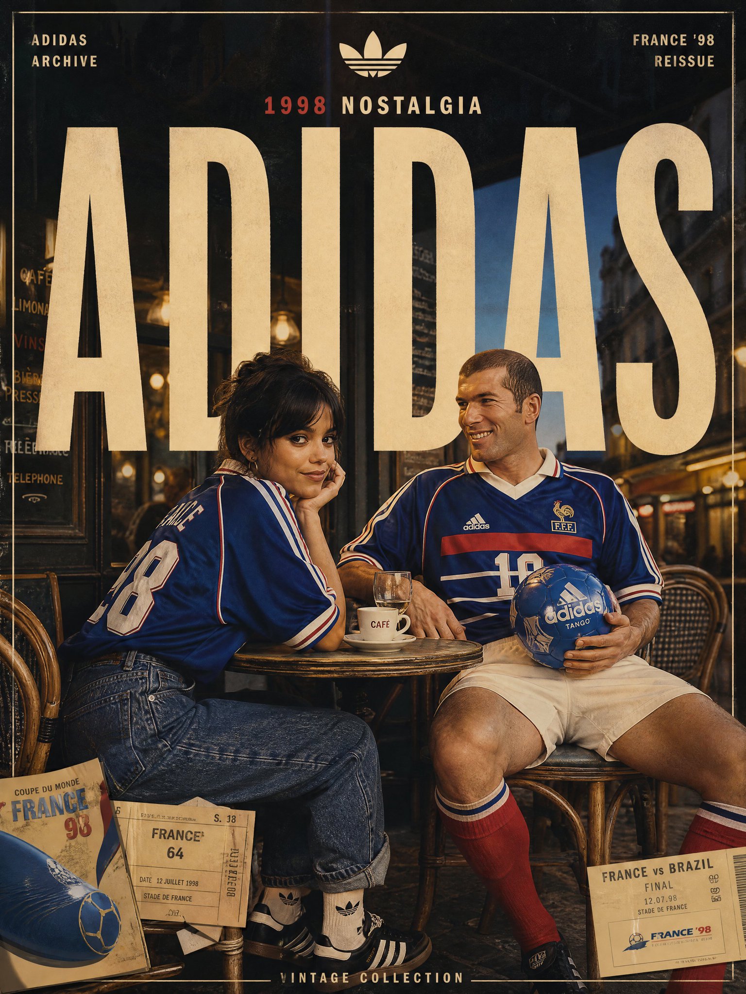 90年代欧洲足球美学复古海报 / Adidas 1998 Nostalgia Jenna Ortega Zidane Poster，人像与摄影，35mm、人像、电影感，案例输出图 2