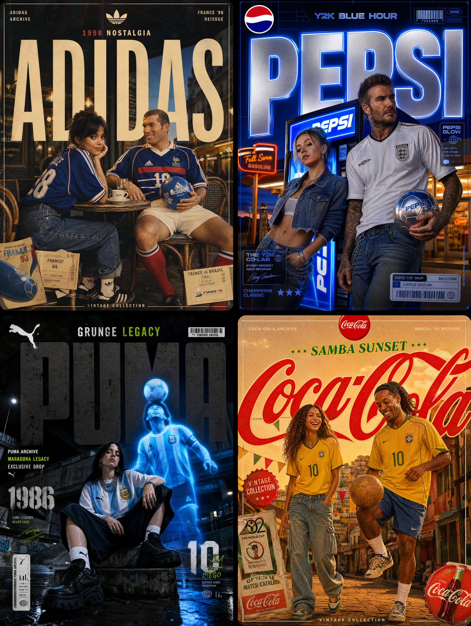 90年代欧洲足球美学复古海报 / Adidas 1998 Nostalgia Jenna Ortega Zidane Poster,人像与摄影,35mm、人像、电影感,案例输出图 1
