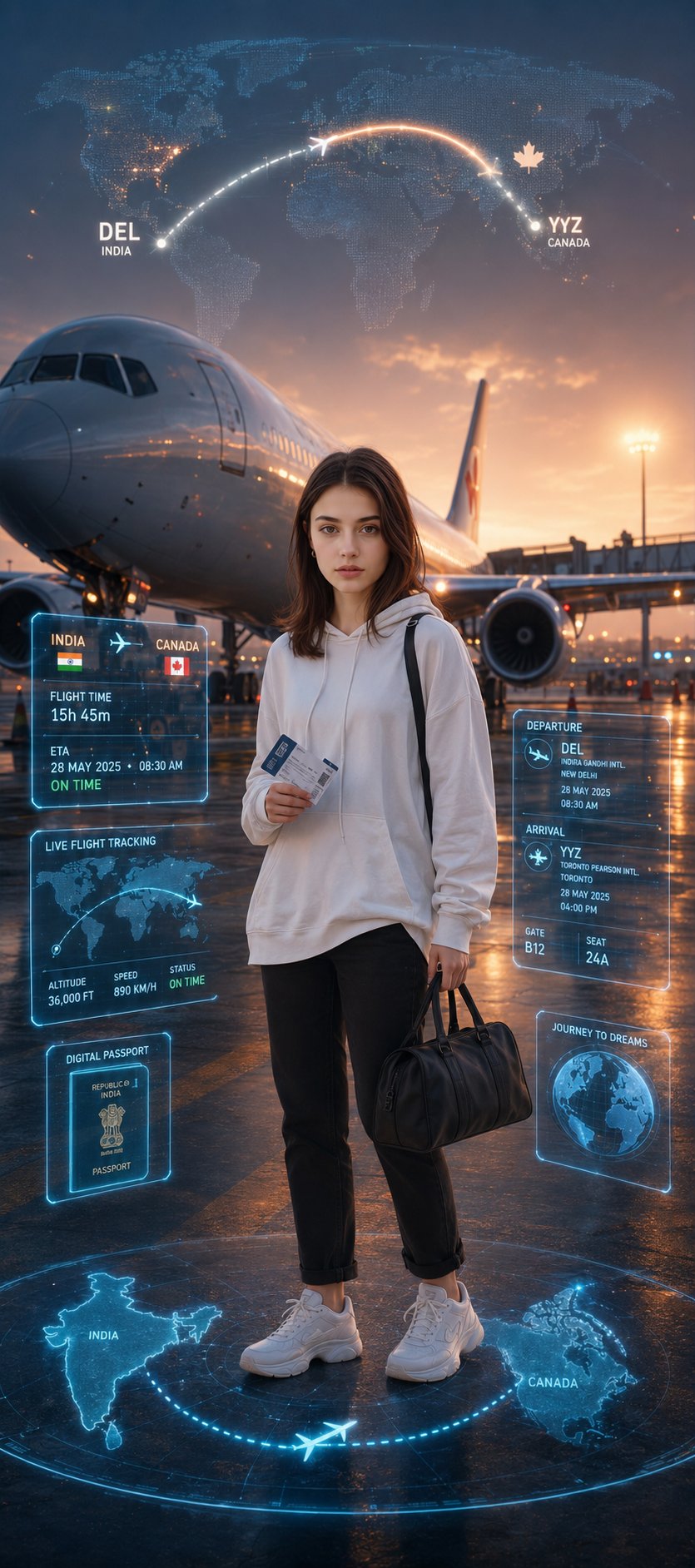 超写实电影感国际旅行海报 / Cinematic Travel Poster India To Canada Futuristic Ui,UI 与社交媒体截图,霓虹、电影感、海报,案例输出图 1