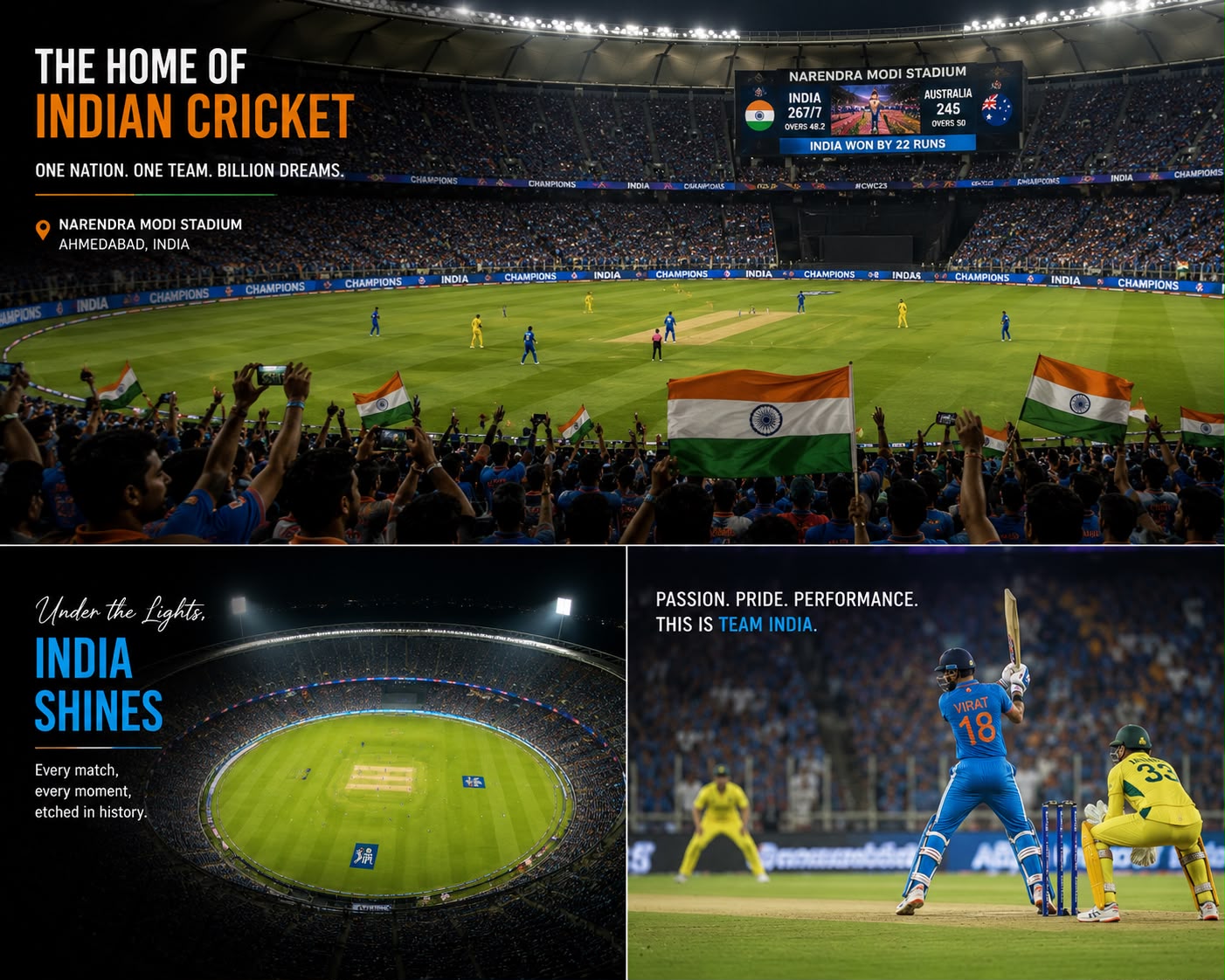 印度板球超现实电影感运动海报 / Ultra Realistic India Cricket Poster Narendra Modi Stadium，模型对比与社区，电影感、海报、排版，案例输出图 1