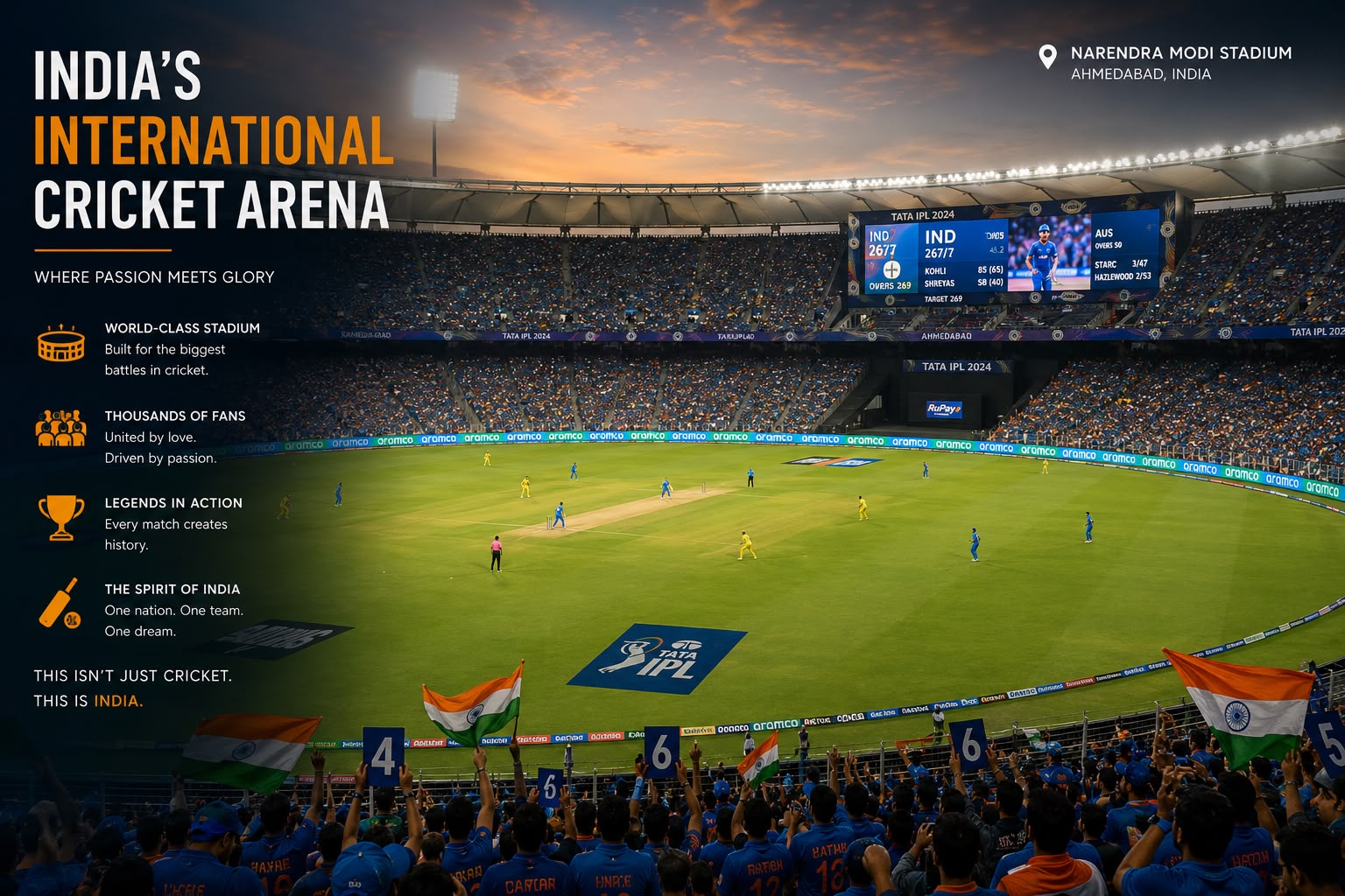 印度板球超现实电影感运动海报 / Ultra Realistic India Cricket Poster Narendra Modi Stadium，模型对比与社区，电影感、海报、排版，案例输出图 2
