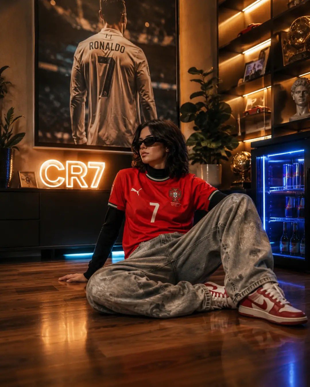 豪华足球运动主题房CR7葡萄牙女球迷 / Cinematic Sports Fan Room Portugal Cr7 Aesthetic,人像与摄影,35mm、霓虹、人像,案例输出图 1