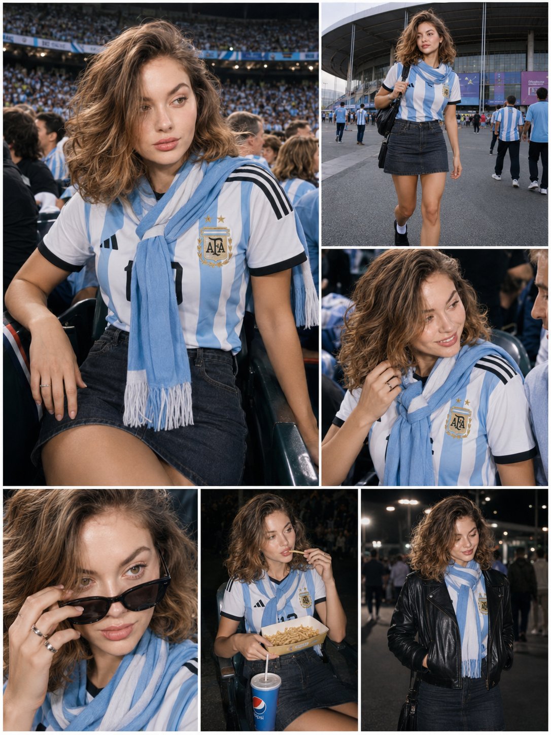 阿根廷足球美女球迷写真拼贴 / Argentina Fan Lifestyle Collage,角色设计,35mm、人像、电影感,案例输出图 1