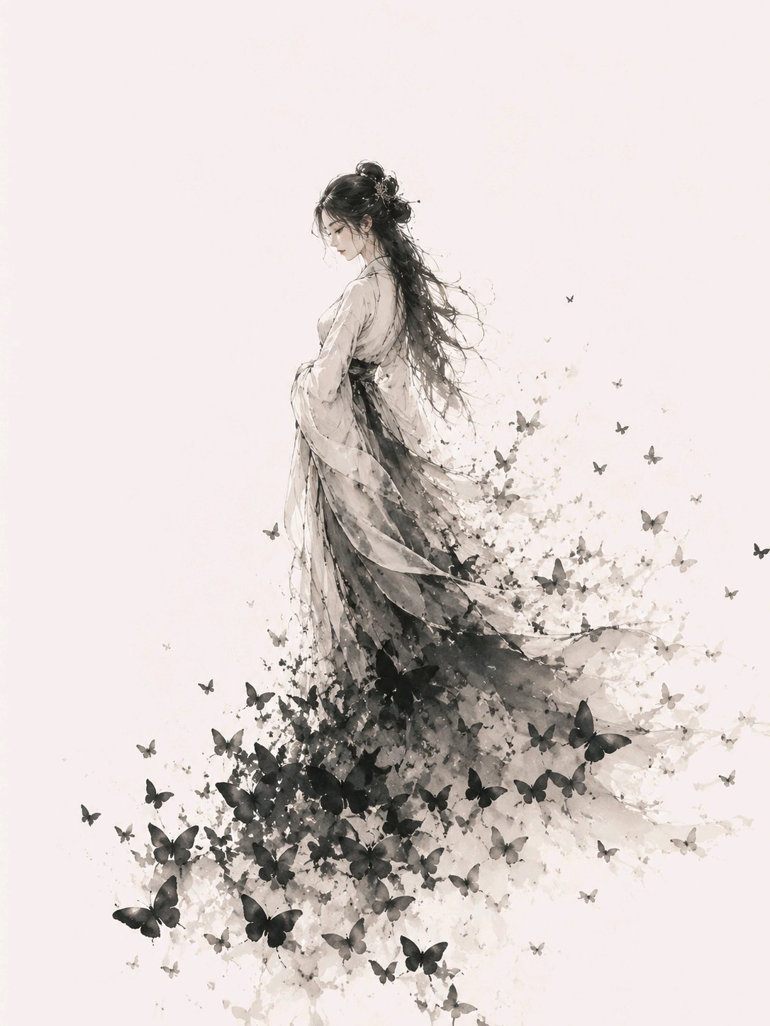中国现代水墨少女化蝶艺术海报 / Chinese Modern Ink Wash Girl Butterfly Art Poster，人像与摄影，人像、时尚、海报，案例输出图 1