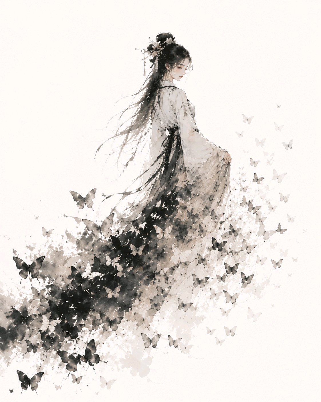 中国现代水墨少女化蝶艺术海报 / Chinese Modern Ink Wash Girl Butterfly Art Poster，人像与摄影，人像、时尚、海报，案例输出图 2