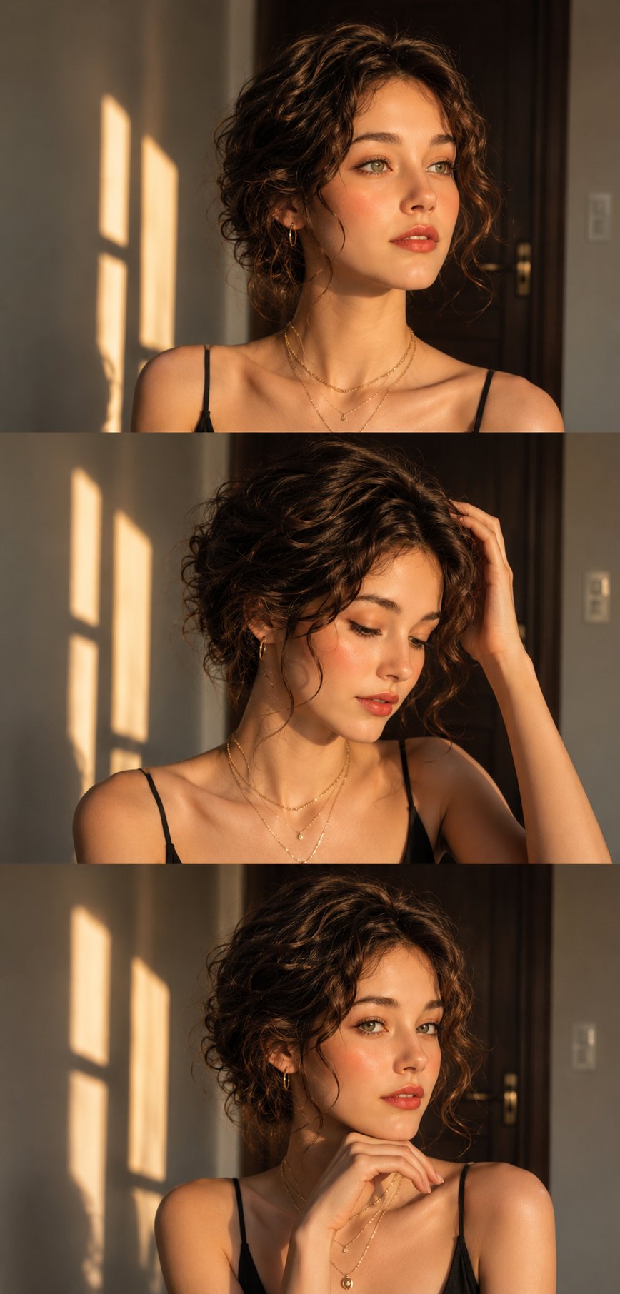 黄金时刻三格垂直拼图时尚女青年人像 / 3 Panel Vertical Portrait Collage Woman Golden Hour,角色设计,人像、电影感、时尚,案例输出图 1