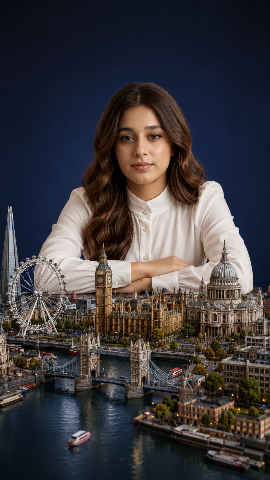 超写实伦敦微缩城市与女性人像 / Ultra Realistic Miniature London City Portrait Woman，人像与摄影，人像、电影感、城市视觉，案例输出图 1