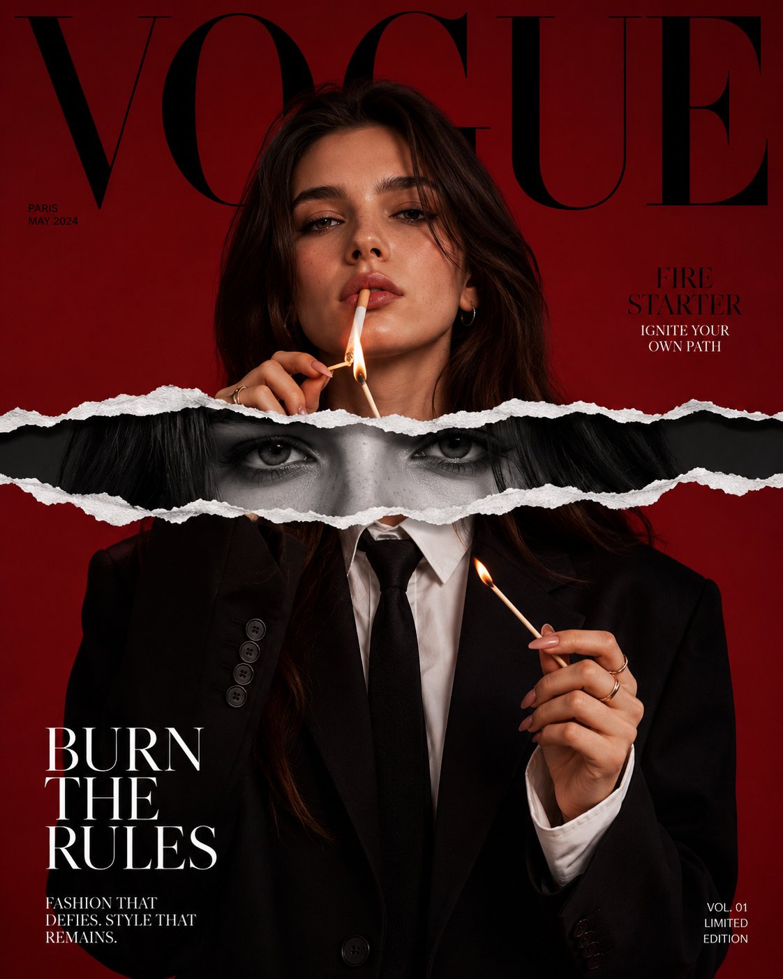 红底撕纸风格高级时尚杂志封面 / Luxury Fashion Editorial Torn Paper Cover,人像与摄影,人像、电影感、时尚,案例输出图 1