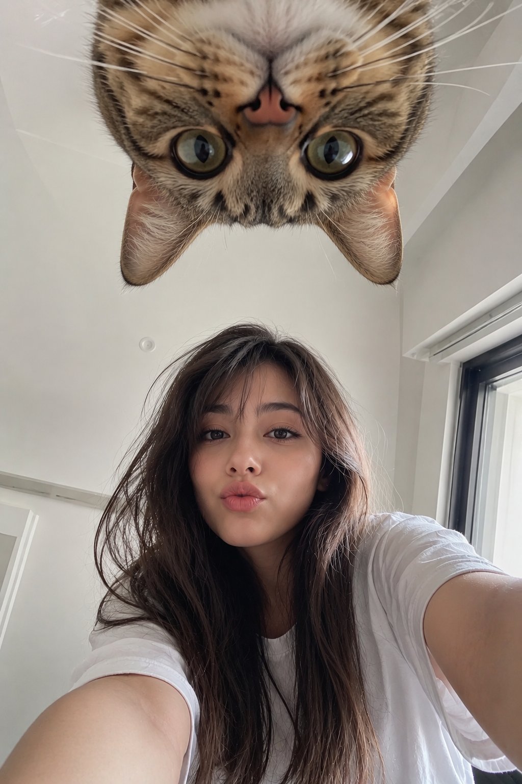 日本少女与倒挂猫咪低角度手机自拍 / Japanese Girl Upside Down Cat Low Angle Selfie，角色设计，人像、角色、二次元，案例输出图 1