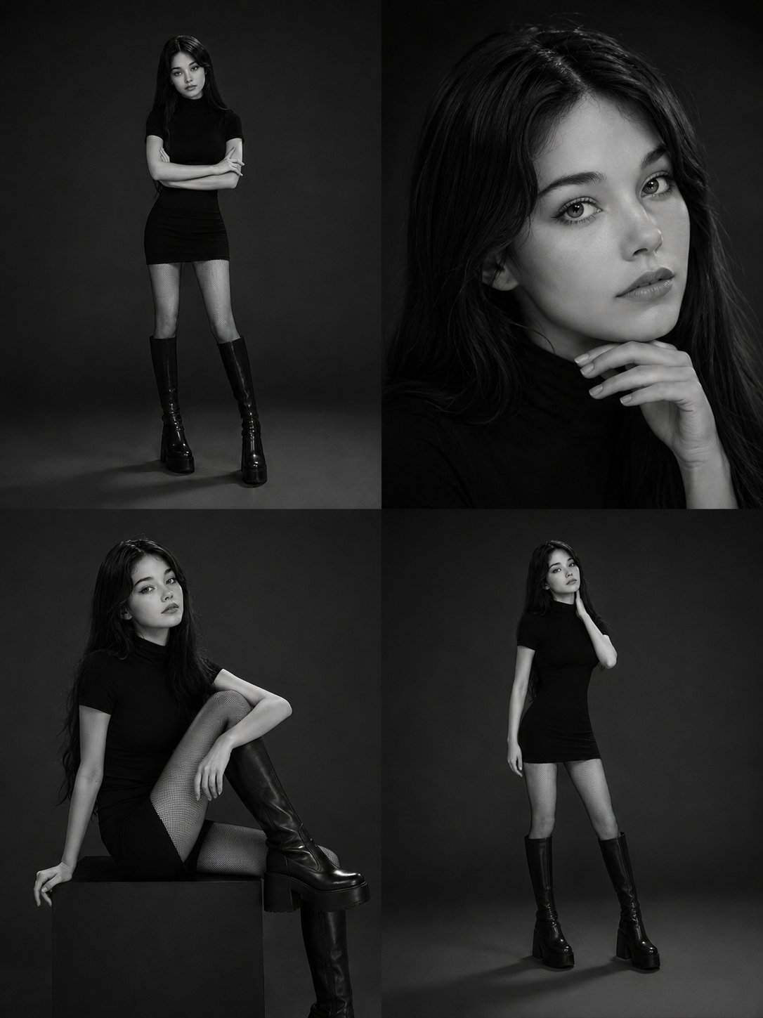 2x2奢华黑白时尚拼贴人像 / Luxury Monochrome Editorial Collage Korean Model,角色设计,人像、电影感、时尚,案例输出图 1