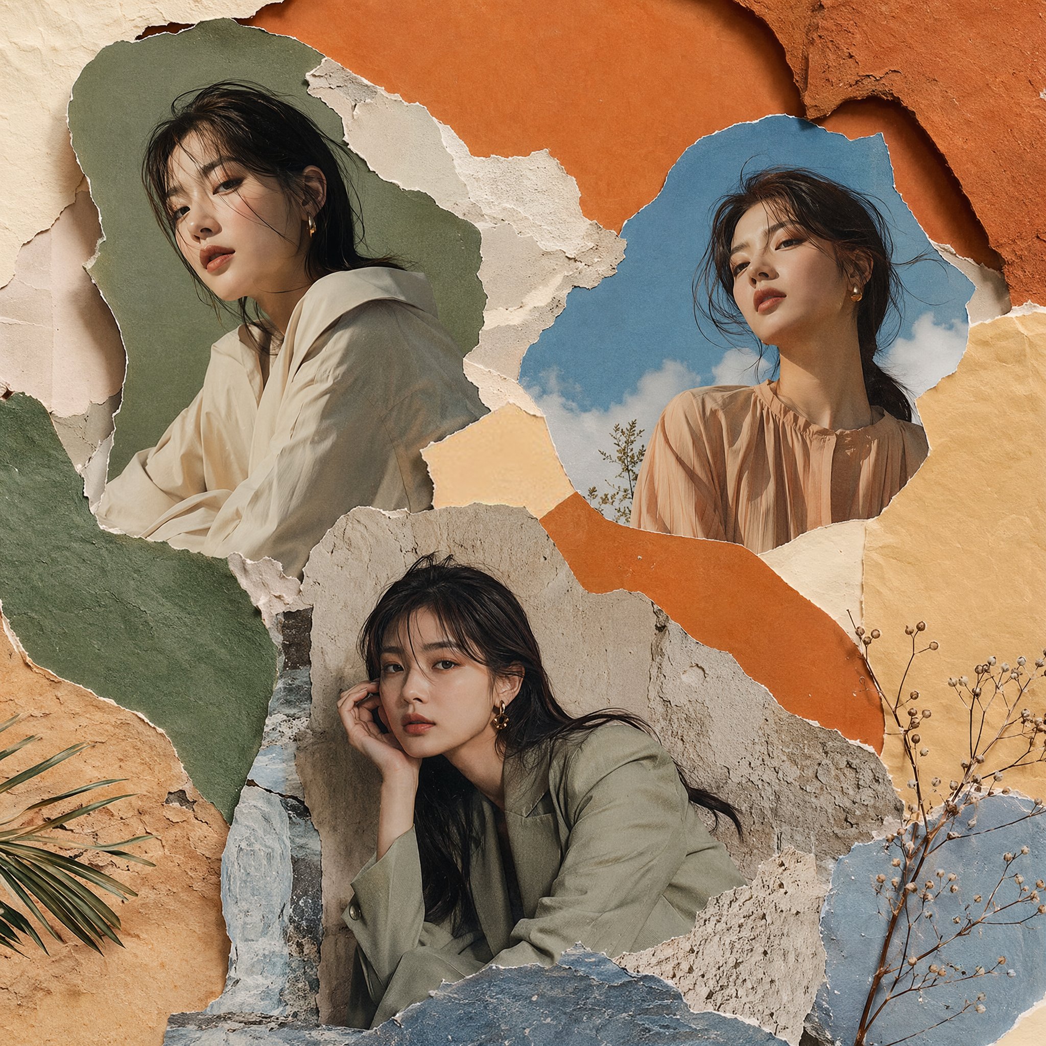 撕纸风格韩系时尚杂志拼贴画 / Luxury Korean Fashion Torn Paper Collage,人像与摄影,人像、时尚、排版,案例输出图 1