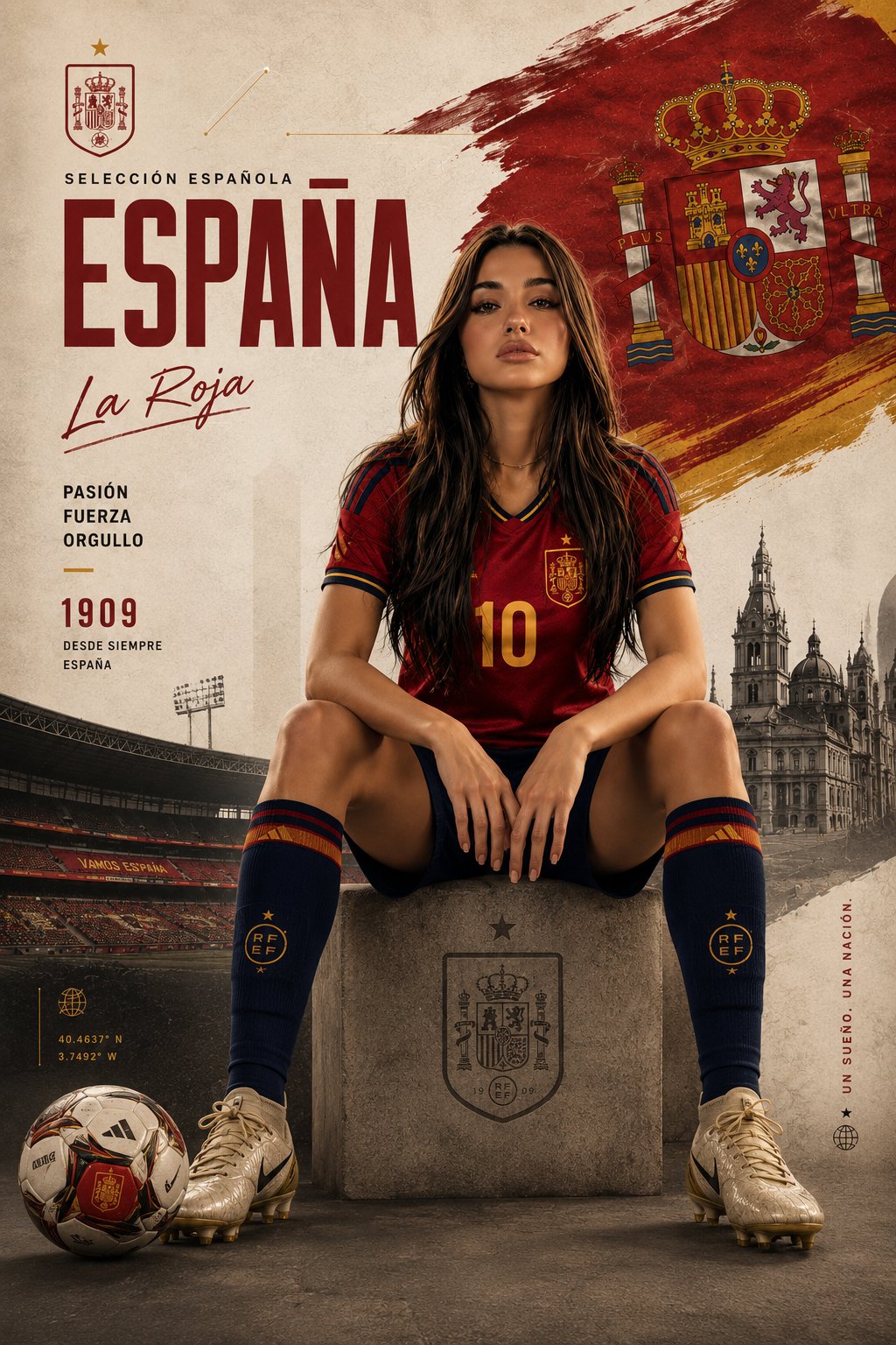 西班牙女足10号球员写实运动海报 / Spain Womens Football No10 Sports Poster,角色设计,电影感、时尚、海报,案例输出图 1