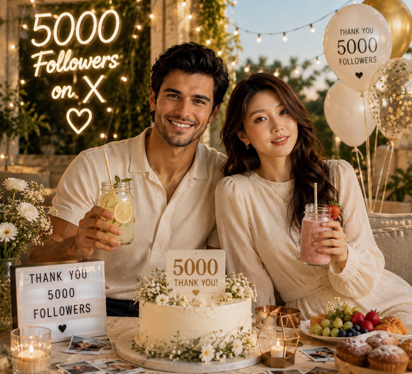 豪华社交媒体五千粉丝里程碑庆典 / Luxury Social Media Milestone Celebration Couple,人像与摄影,霓虹、人像、电影感,案例输出图 1