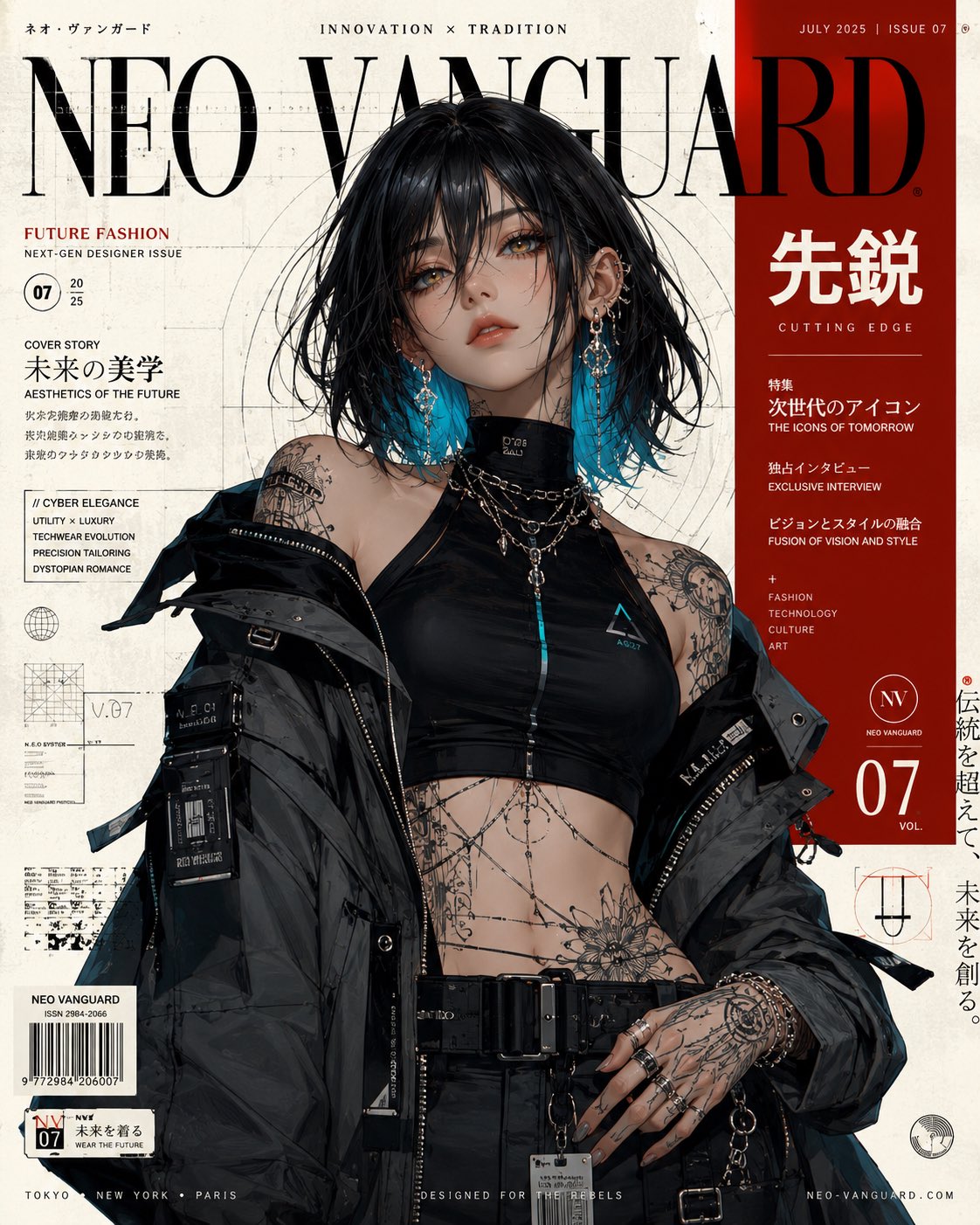未来主义奢华动漫时尚封面插画 / Futuristic Luxury Anime Fashion Magazine Cover,UI 与社交媒体截图,人像、电影感、时尚,案例输出图 1