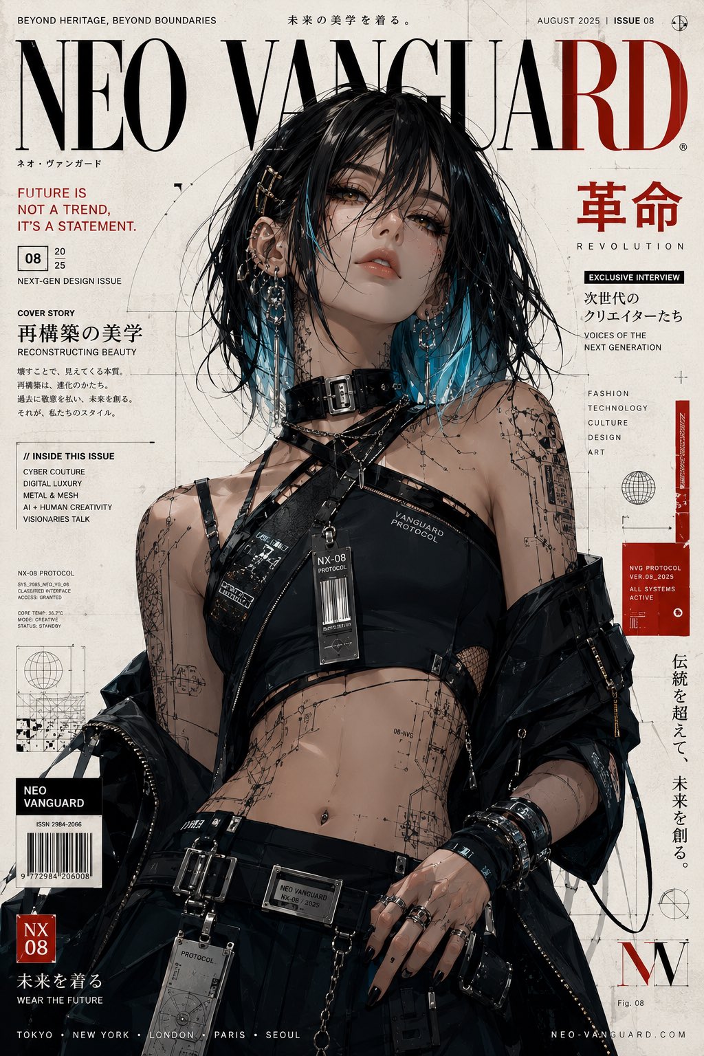 未来主义奢华动漫时尚封面插画 / Futuristic Luxury Anime Fashion Magazine Cover，UI 与社交媒体截图，人像、电影感、时尚，案例输出图 2