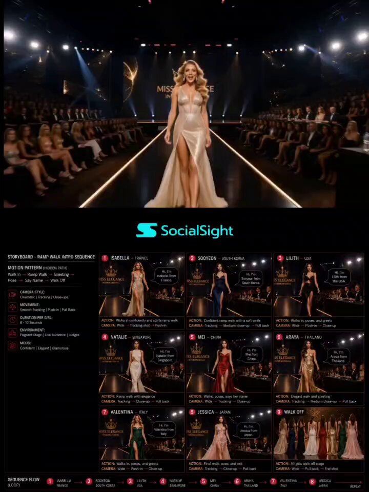 时装周舞台分镜脚本电影级布局 / Professional Fashion Pageant Storyboard，模型对比与社区，电影感、时尚、插画，案例输出图 1
