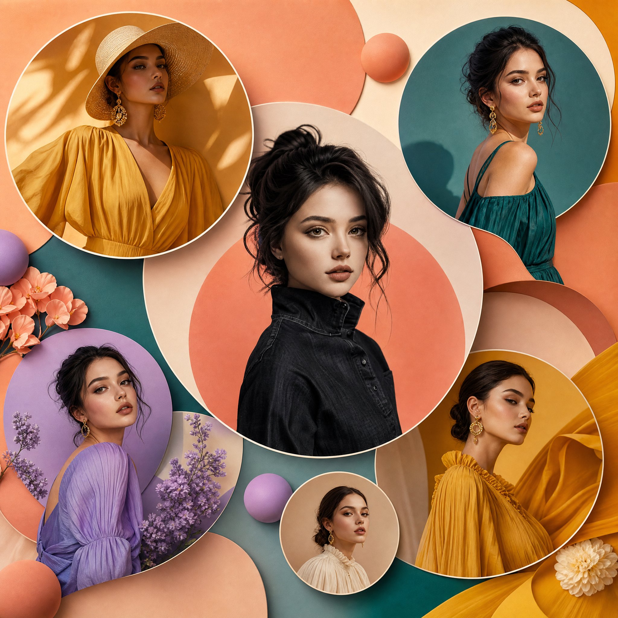 高端时尚杂志风格圆形剪裁艺术构图 / High End Fashion Magazine Circular Cutout Composition,人像与摄影,人像、时尚、排版,案例输出图 1