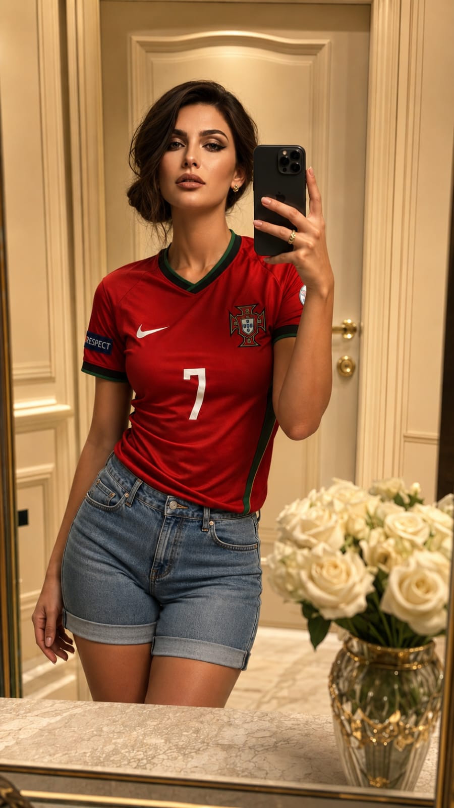 葡萄牙球衣超写实奢华镜前自拍 / Ultra Realistic Luxury Mirror Selfie Portugal Jersey,角色设计,人像、电影感、时尚,案例输出图 1