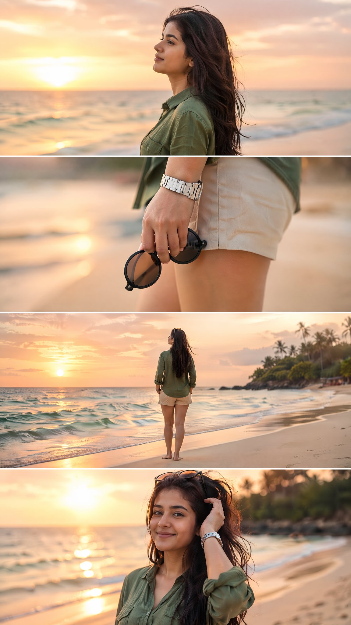 超写实电影感海滩人像四宫格拼图 / Cinematic Beach Photoshoot Portrait Collage Prompt，角色设计，人像、电影感、时尚，案例输出图 1