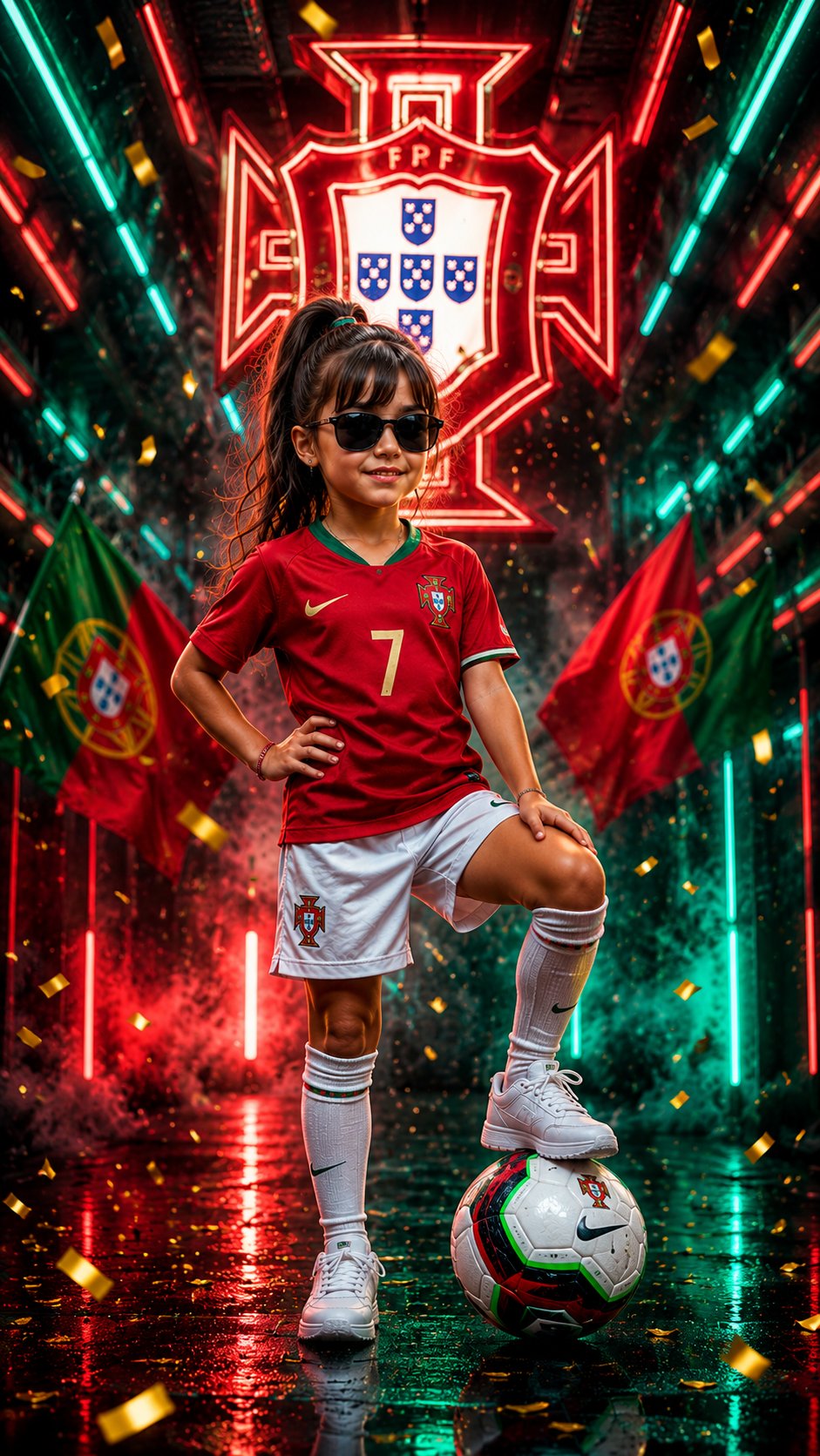 超写实葡萄牙7号球衣小女孩足球冠军 / Ultra Realistic Portugal Girl Football Champion,人像与摄影,霓虹、人像、电影感,案例输出图 1