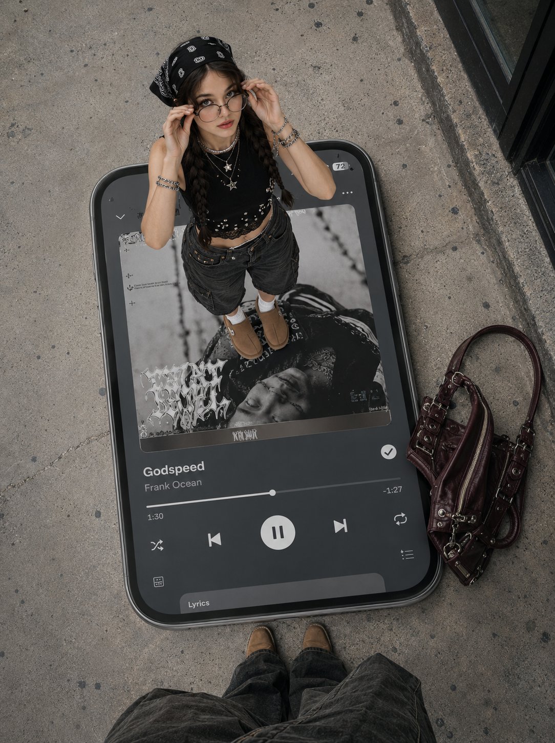 街头时尚超现实巨型手机音乐播放器 / Surreal Giant Smartphone Music Player Street Fashion,UI 与社交媒体截图,电影感、时尚、UI,案例输出图 1