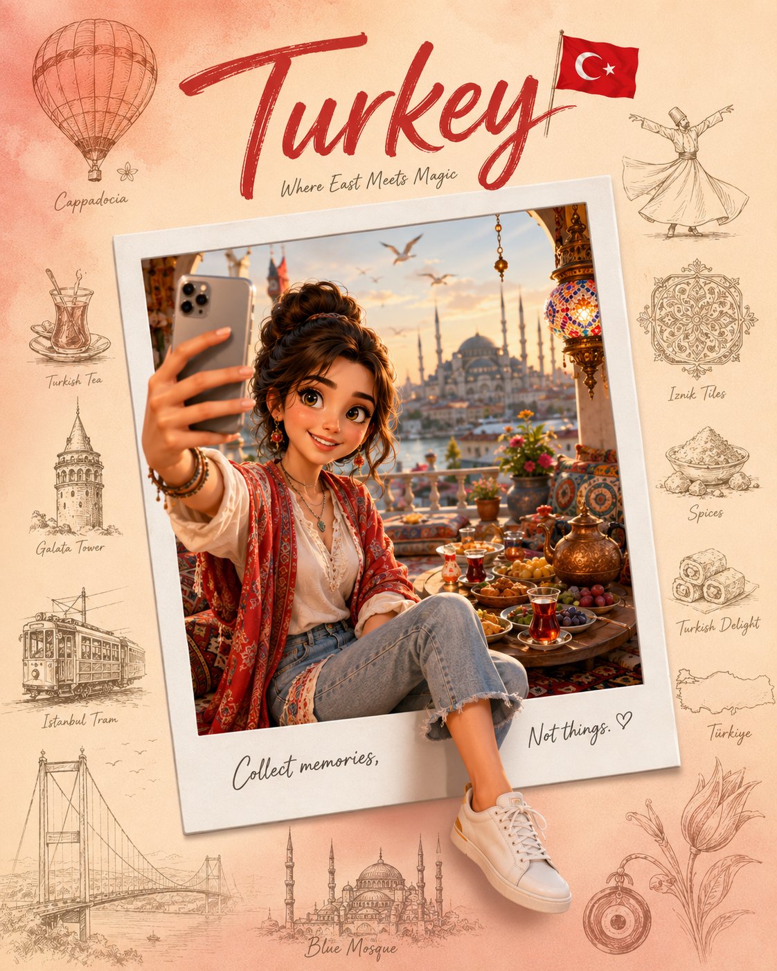 3D皮克斯风拍立得旅行海报 / 3d Pixar Style Polaroid Travel Poster Prompt，角色设计，人像、电影感、时尚，案例输出图 2