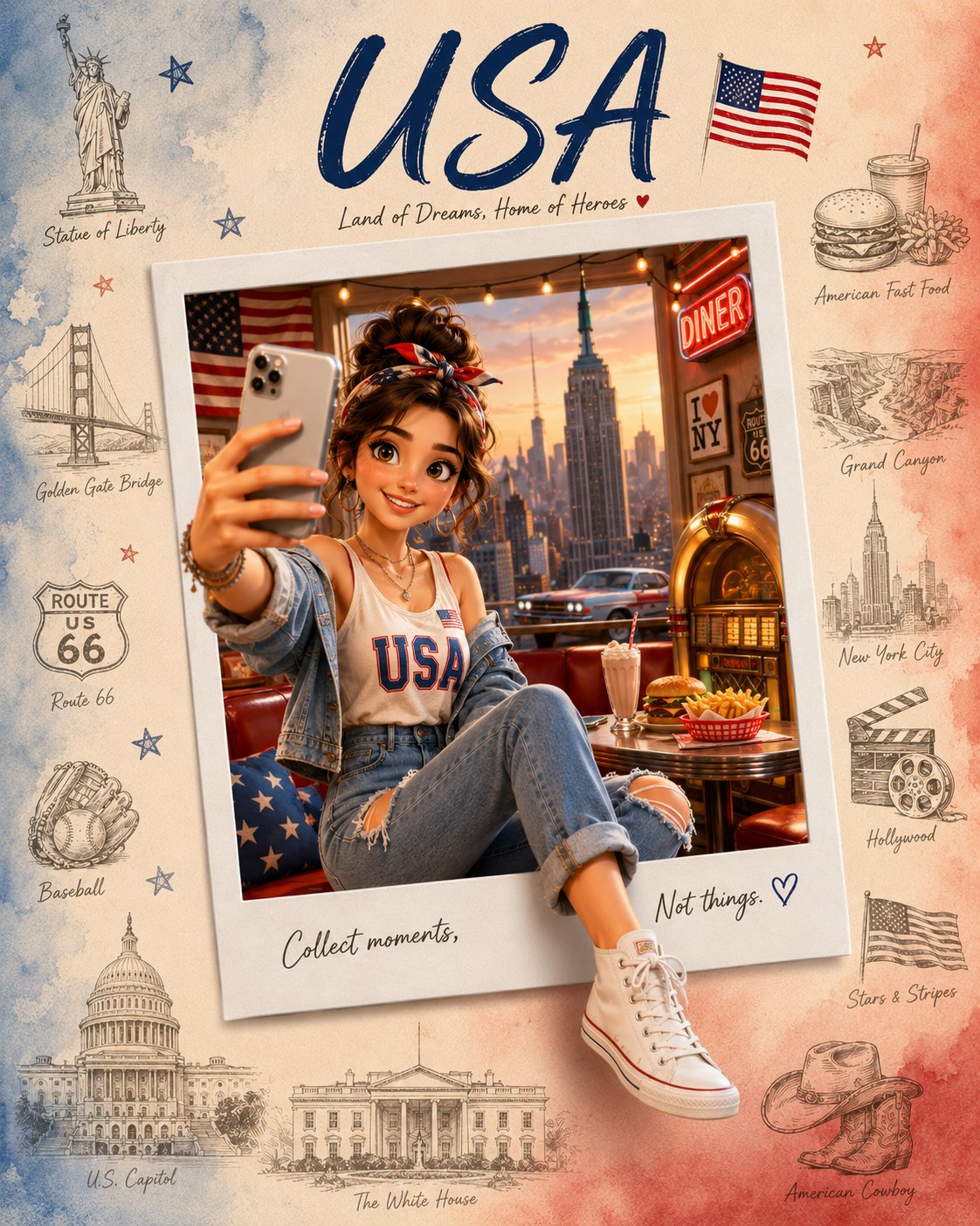 3D皮克斯风拍立得旅行海报 / 3d Pixar Style Polaroid Travel Poster Prompt,角色设计,人像、电影感、时尚,案例输出图 1