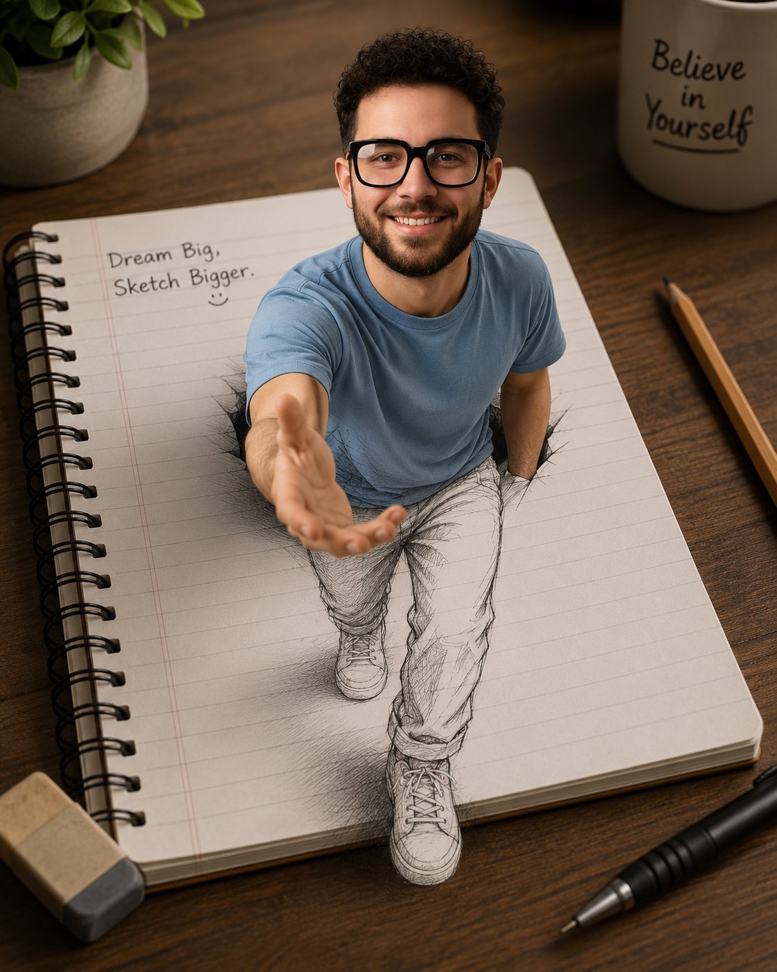 创意3D立体画笔记本跃出的年轻男子 / 3d Illusion Artwork Man Stepping Out Of Notebook，角色设计，电影感、角色、角色设计，案例输出图 1