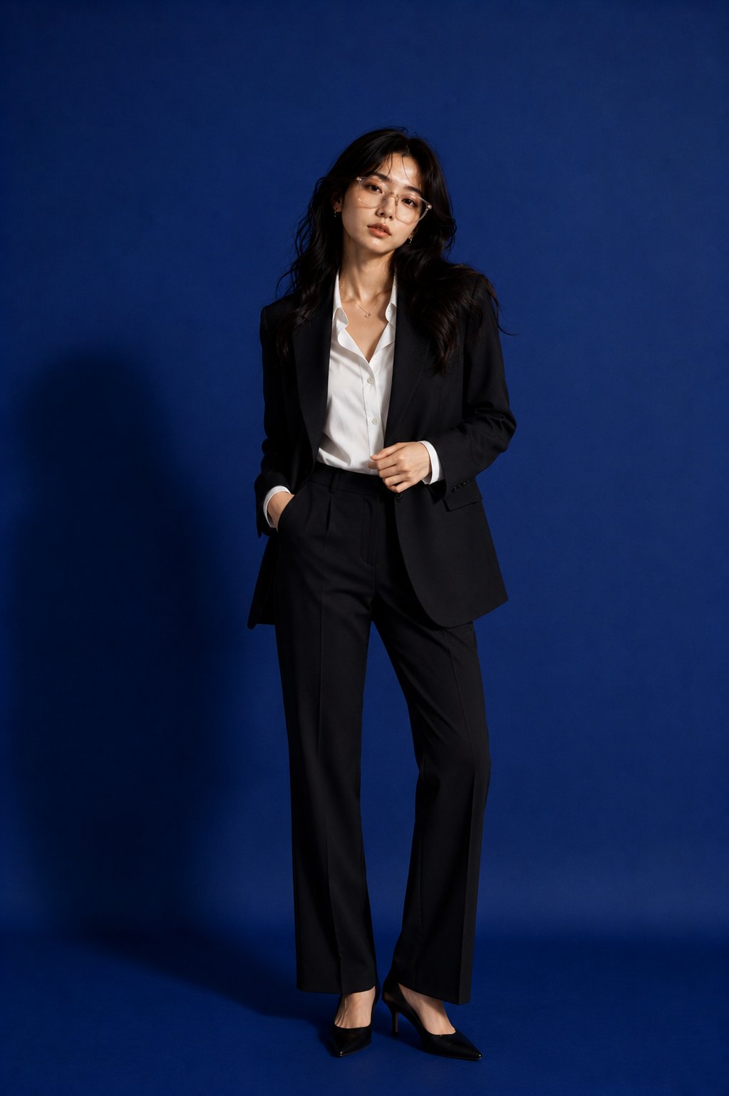 钴蓝色调高级时尚职场肖像 / Premium Cobalt Blue Fashion Editorial Business Portrait,角色设计,35mm、人像、电影感,案例输出图 1