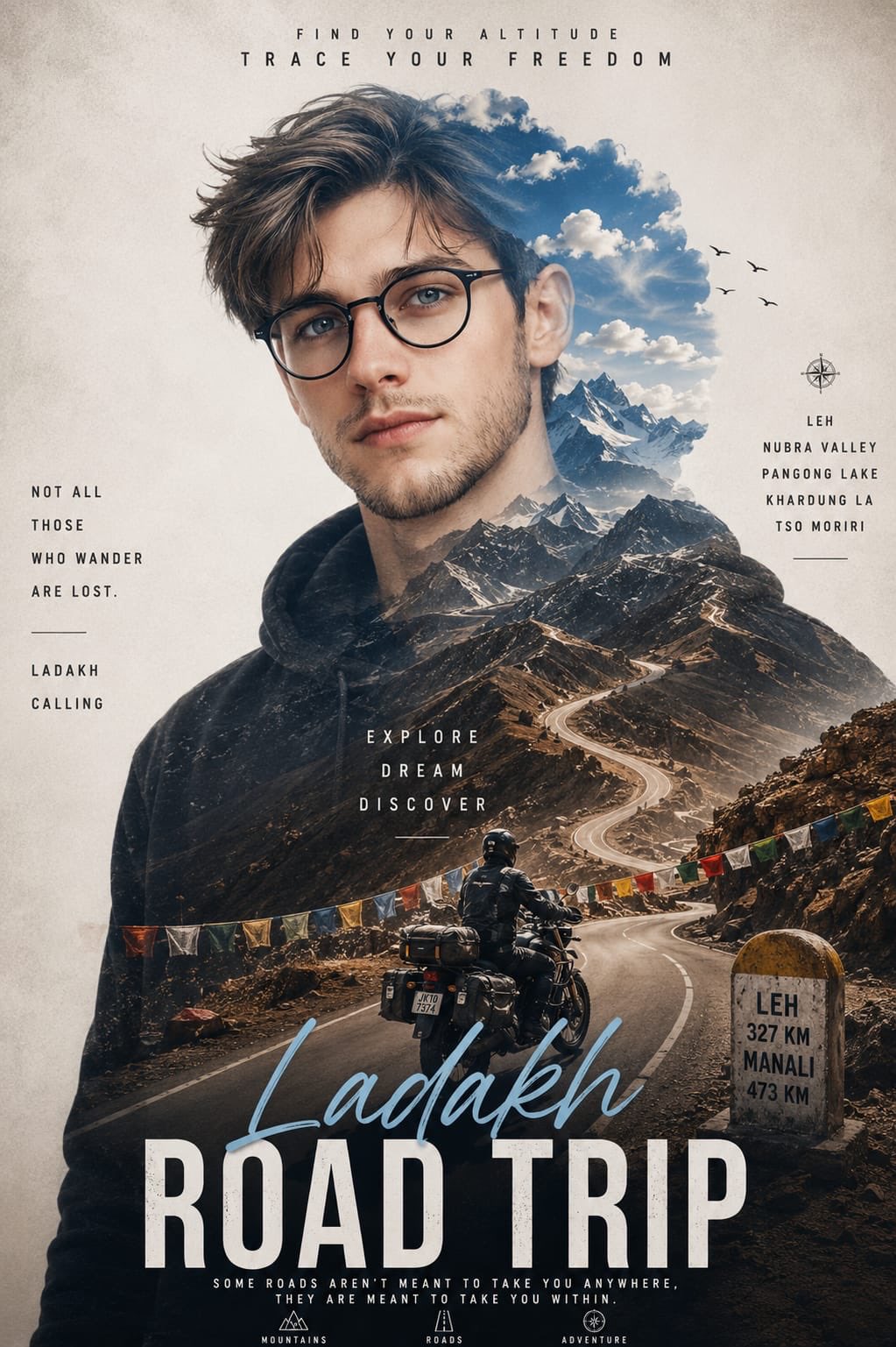 超写实电影感拉达克旅行海报双重曝光 / Ultra Realistic Cinematic Ladakh Travel Poster Double Exposure,人像与摄影,人像、电影感、海报,案例输出图 1