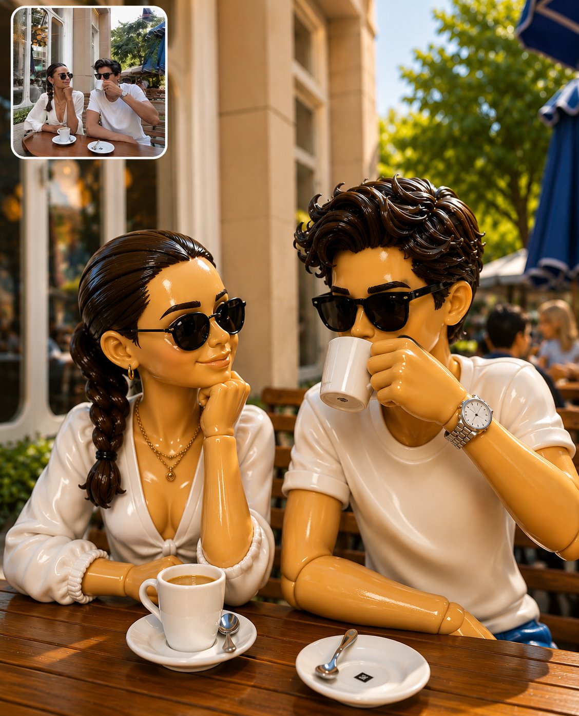 皮克斯风格咖啡厅情侣收藏级潮玩人偶 / Pixar Style Cafe Couple Collectible Toy Diorama,角色设计,电影感、时尚、角色,案例输出图 1
