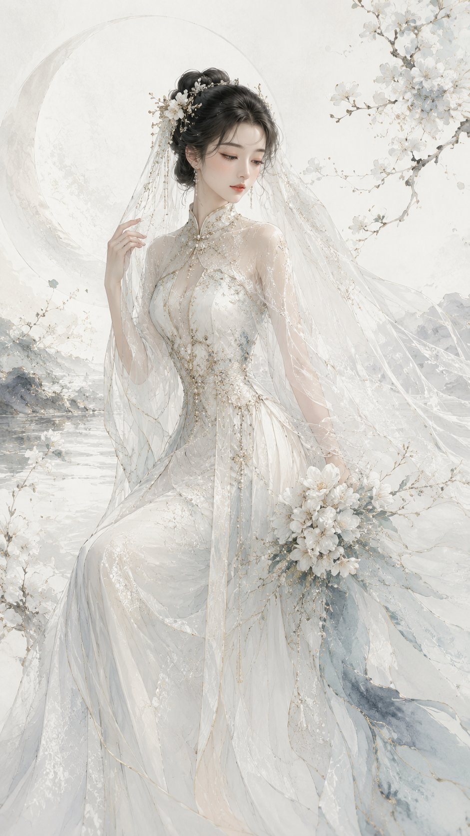 新中式高定婚服视觉海报 / Oriental New Chinese Haute Couture Wedding Dress Poster,角色设计,人像、时尚、海报,案例输出图 1