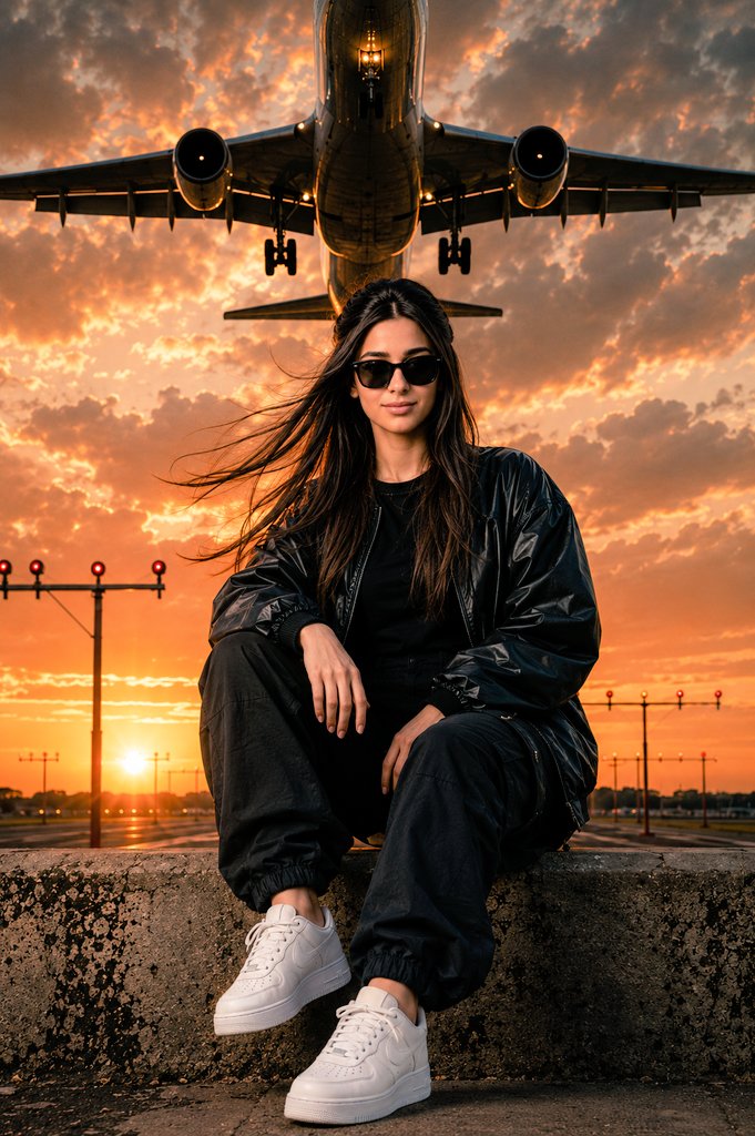 机场跑道落日全白街头风女性电影感肖像 / Filipina Woman Airport Runway White Streetwear Cinematic Portrait,人像与摄影,人像、电影感、时尚,案例输出图 1