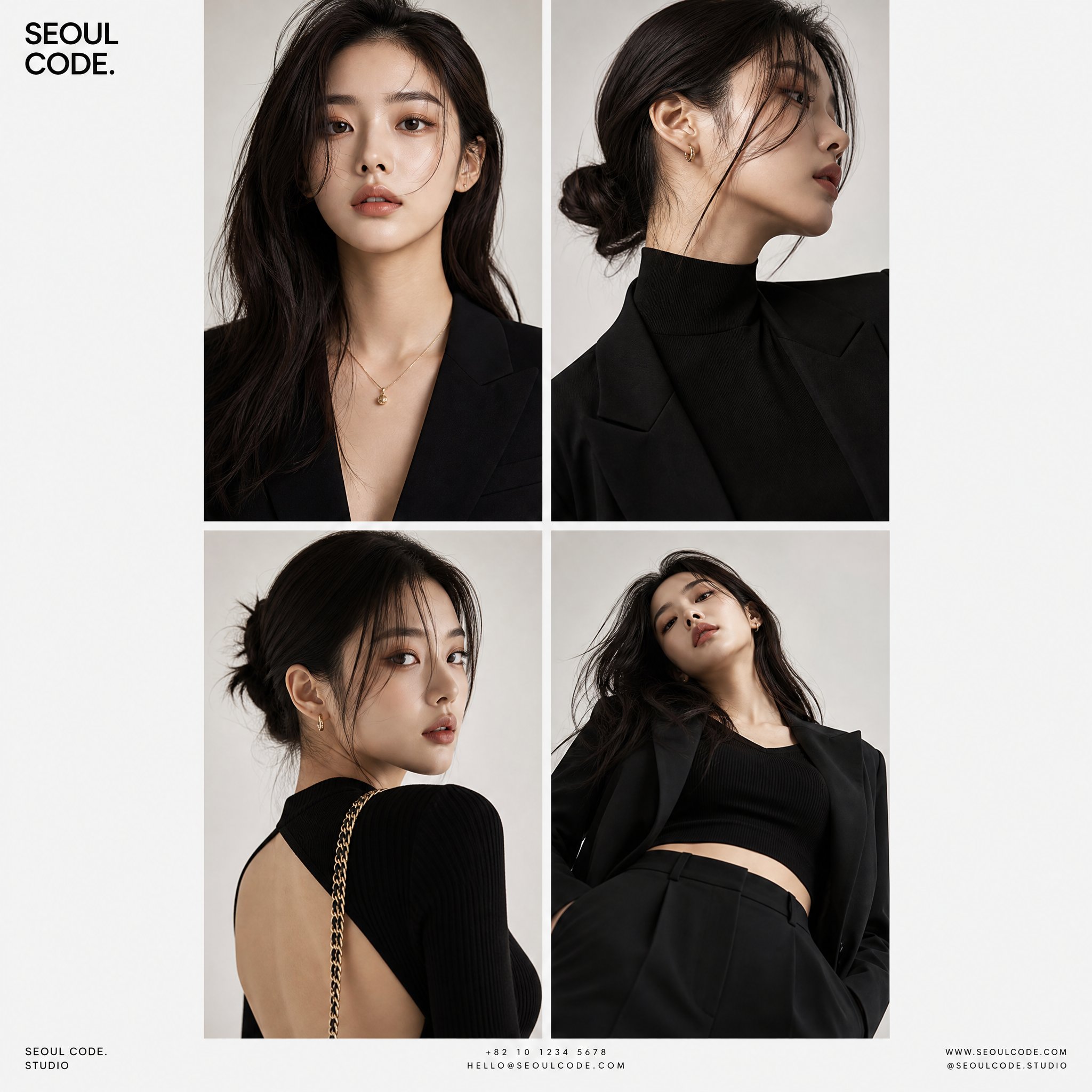 韩国时尚女模高端画报四宫格 / Premium Korean Fashion Editorial Model Grid，人像与摄影，人像、电影感、时尚，案例输出图 1