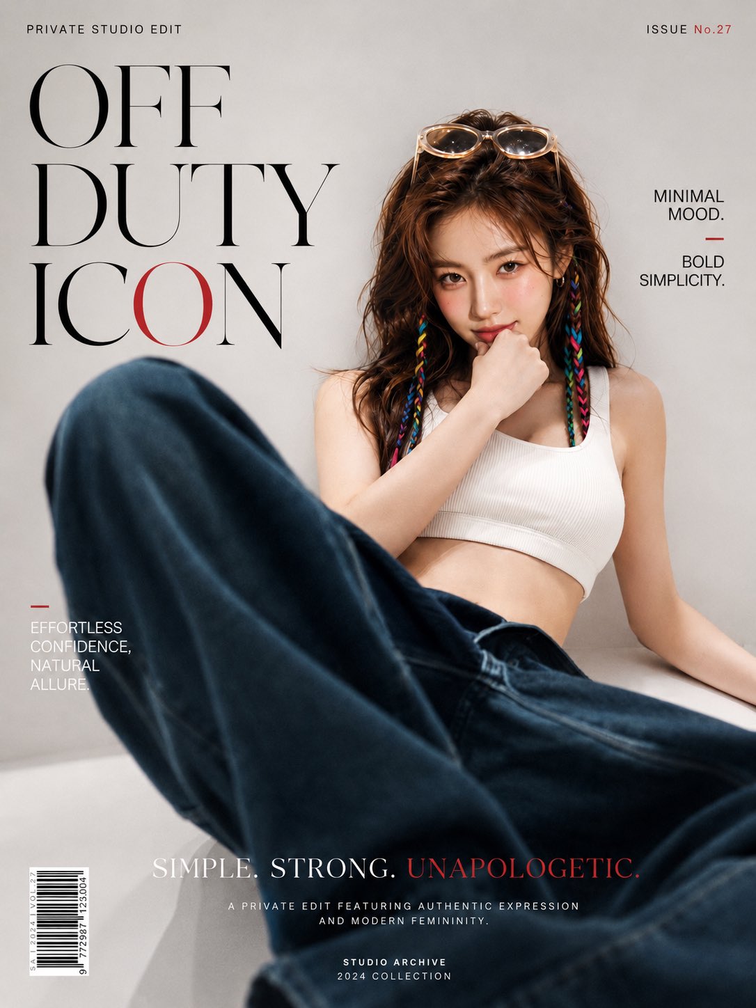 高端时装杂志封面极简摄影海报 / High End Fashion Magazine Cover Editorial Prompt,角色设计,人像、时尚、海报,案例输出图 1